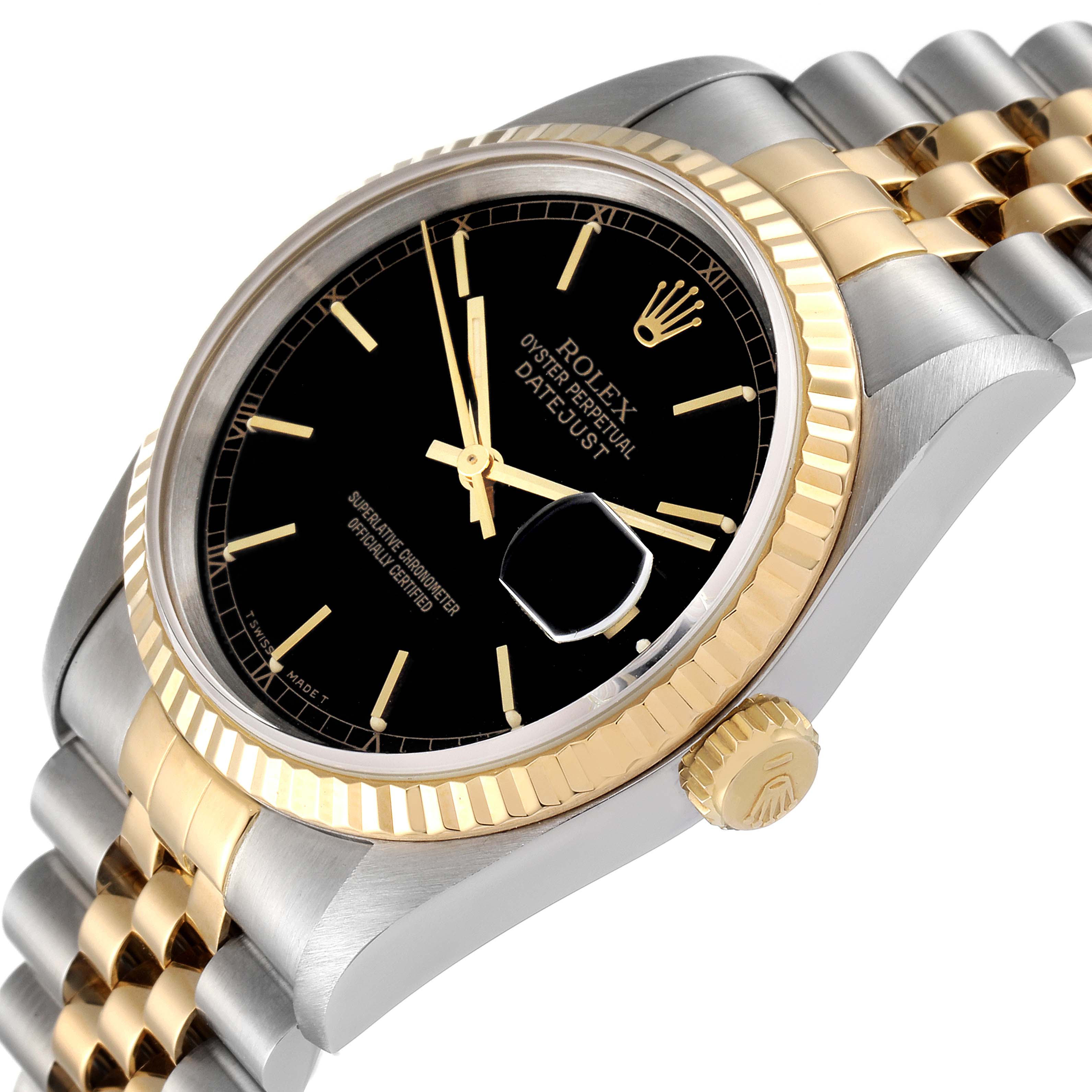This image shows a side angle of a Rolex Datejust 16233 Men's Steel and Gold (two tone) Black Dial 16233 Men's Steel and Gold (two tone) Black Dial watch, highlighting the dial, bezel, crown, and part of the bracelet.