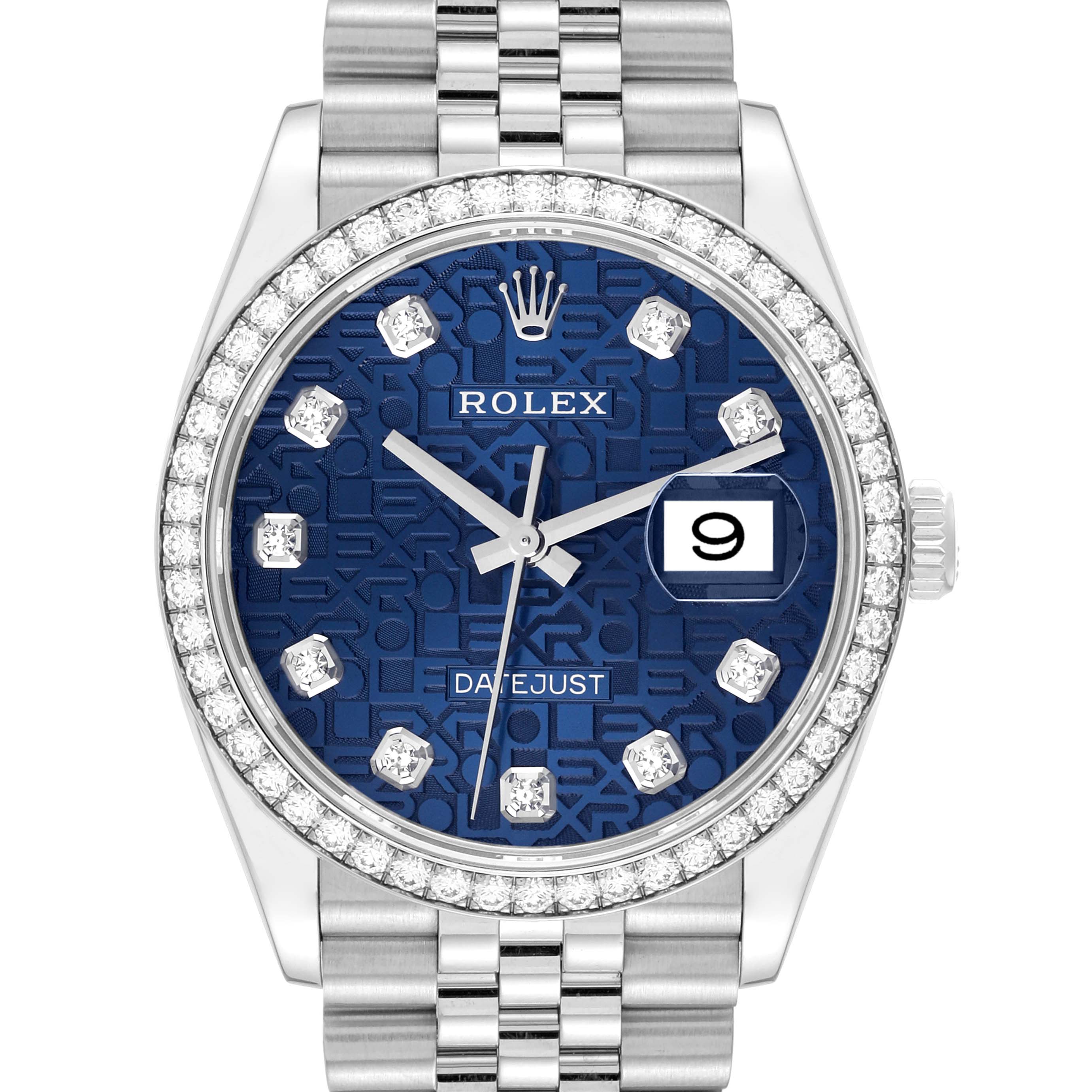 The image shows a front view of a Rolex Datejust 126284 Men's Stainless Steel Blue Dial 126284 Men's Stainless Steel Blue Dial watch featuring a blue dial with diamond hour markers and a date window.