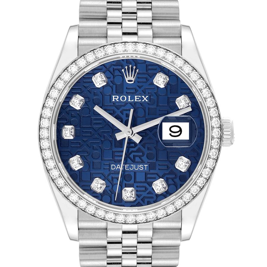 The image shows a front view of a Rolex Datejust watch featuring a blue dial with diamond hour markers and a date window.