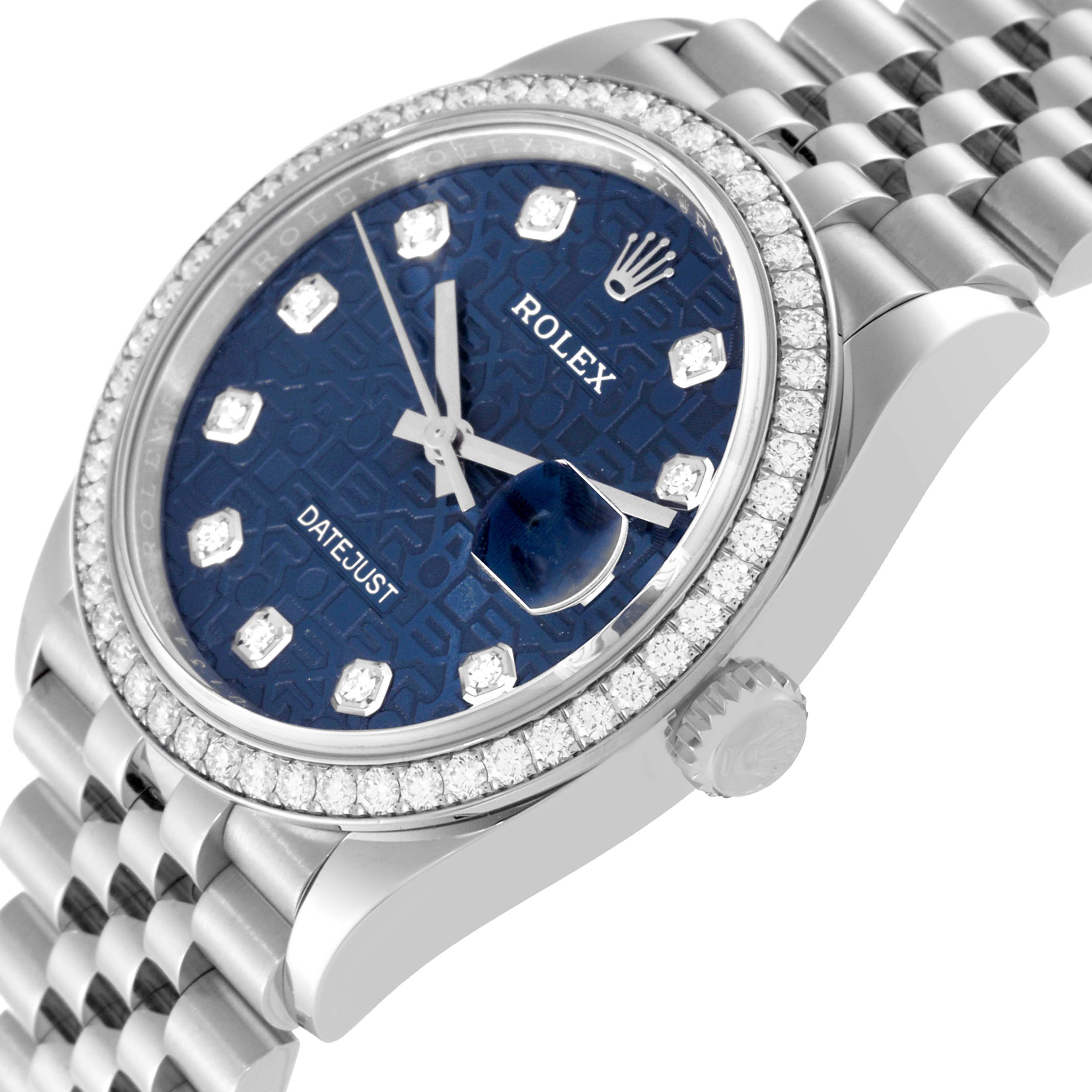 The image shows a close-up side angle of the Rolex Datejust 126284 Men's Stainless Steel Blue Dial 126284 Men's Stainless Steel Blue Dial watch, highlighting the face, bezel, crown, and bracelet.