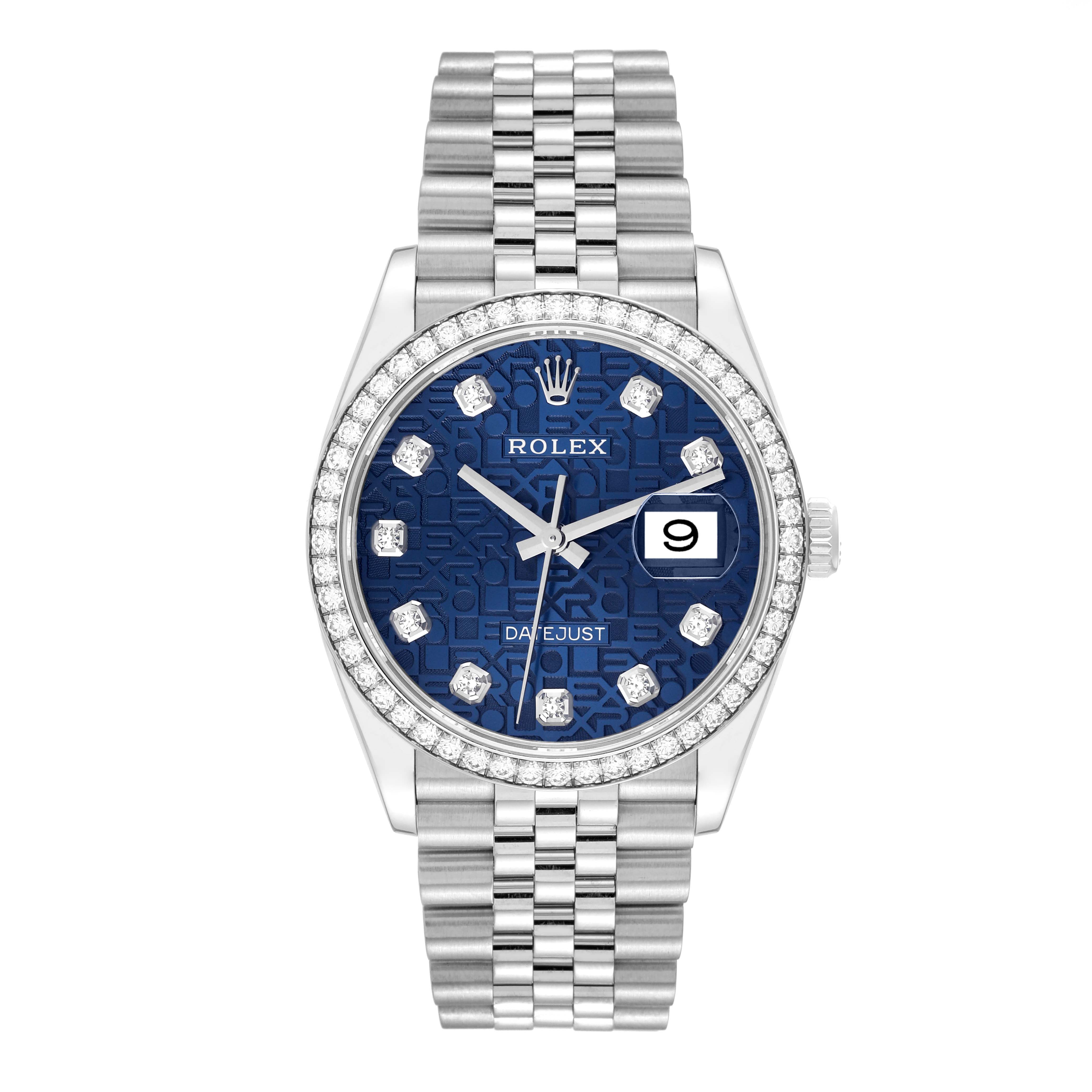 The Rolex Datejust 126284 Men's Stainless Steel Blue Dial 126284 Men's Stainless Steel Blue Dial watch is shown from a front angle, displaying its blue dial, diamond markers, date window, and jubilee bracelet.