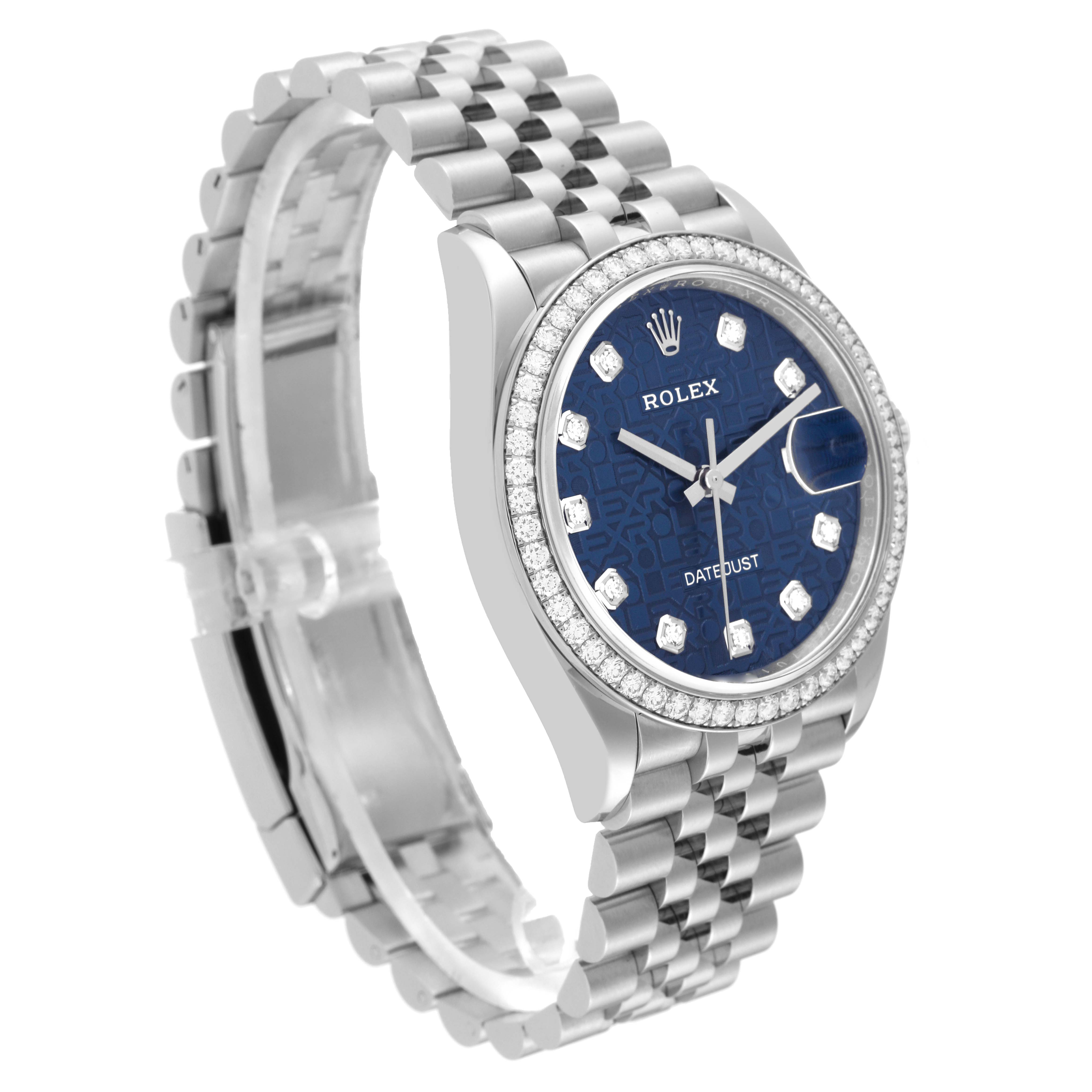 This image shows a Rolex Datejust 126284 Men's Stainless Steel Blue Dial 126284 Men's Stainless Steel Blue Dial watch angled from the front-right side, highlighting its blue dial, diamond bezel, and Jubilee bracelet.