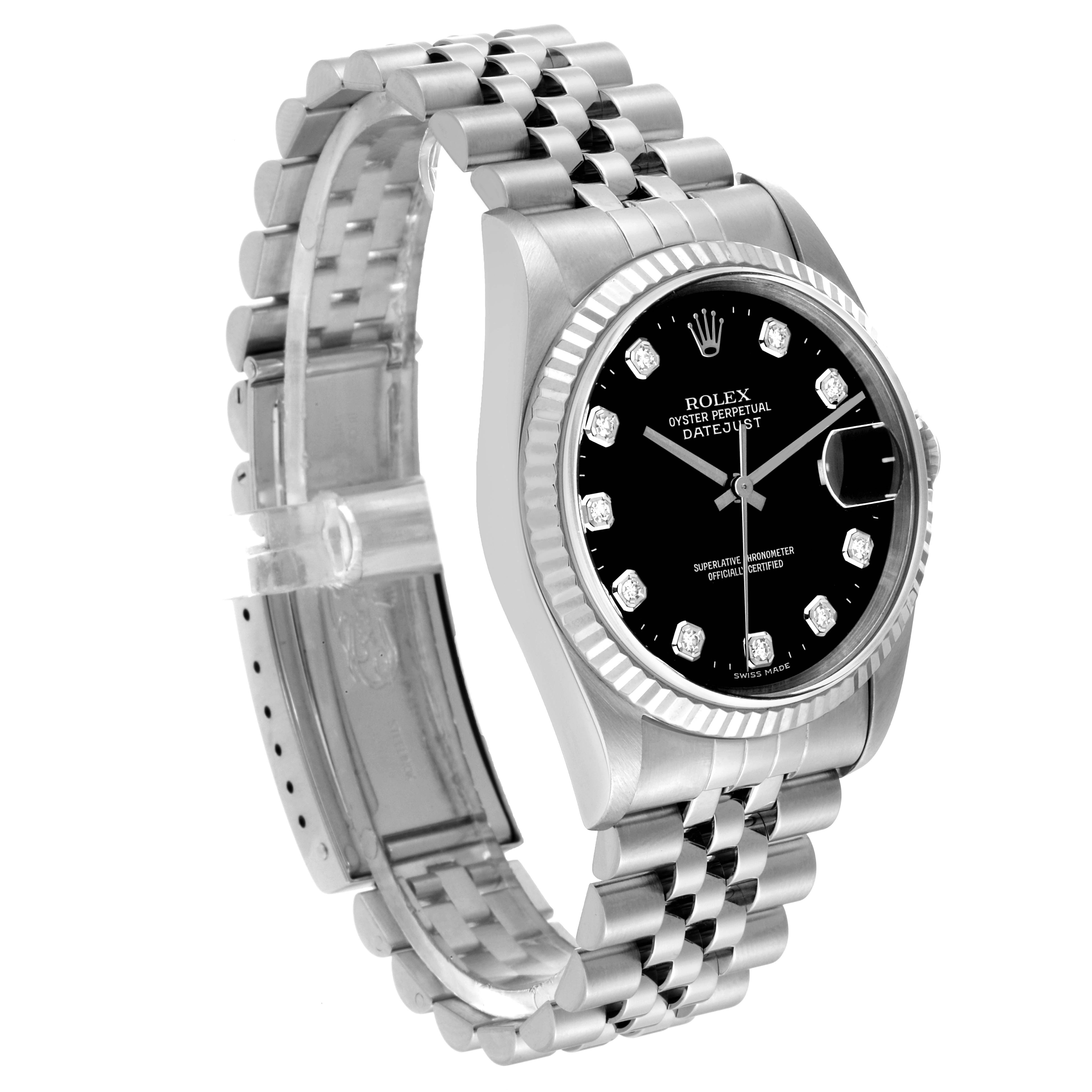This image shows a Rolex Datejust 16234 Men's Stainless Steel Black Dial 16234 Men's Stainless Steel Black Dial watch at a three-quarter angle, featuring its bezel, dial, and Jubilee bracelet.