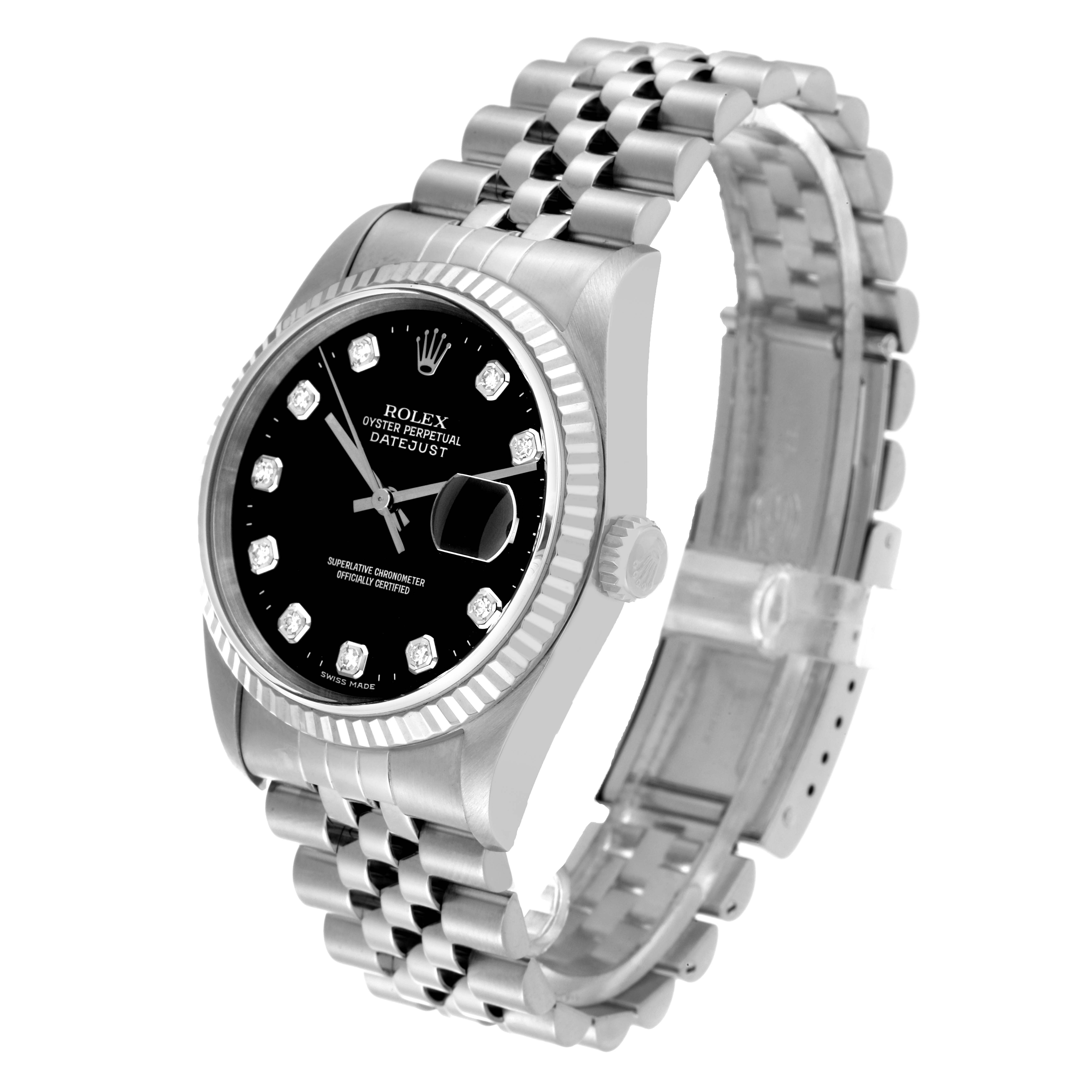 The image shows a Rolex Datejust 16234 Men's Stainless Steel Black Dial 16234 Men's Stainless Steel Black Dial watch at an oblique angle, highlighting the face, bezel, and bracelet.