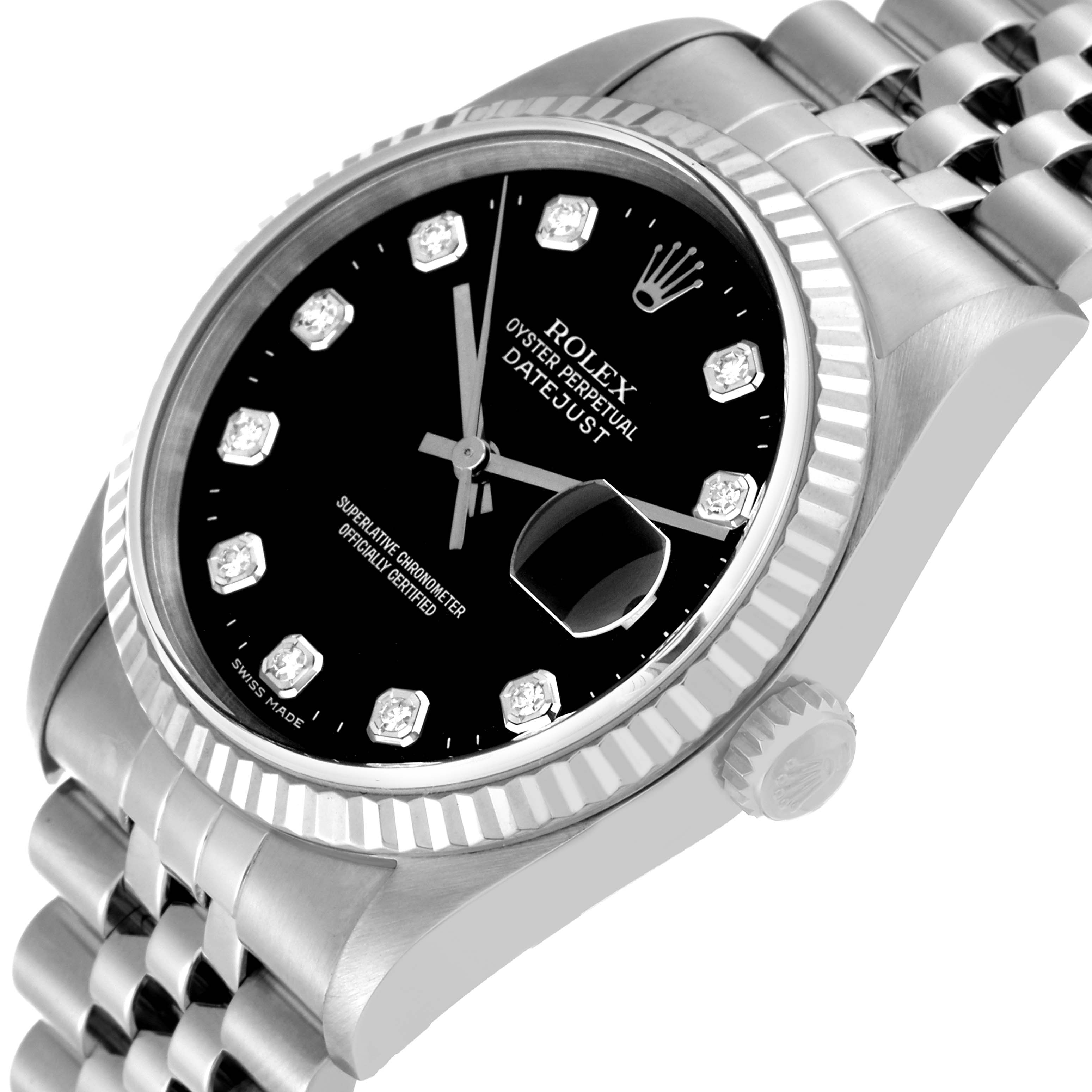This image shows a Rolex Datejust 16234 Men's Stainless Steel Black Dial 16234 Men's Stainless Steel Black Dial watch at a slight angle, highlighting the dial, bezel, crown, and part of the bracelet.
