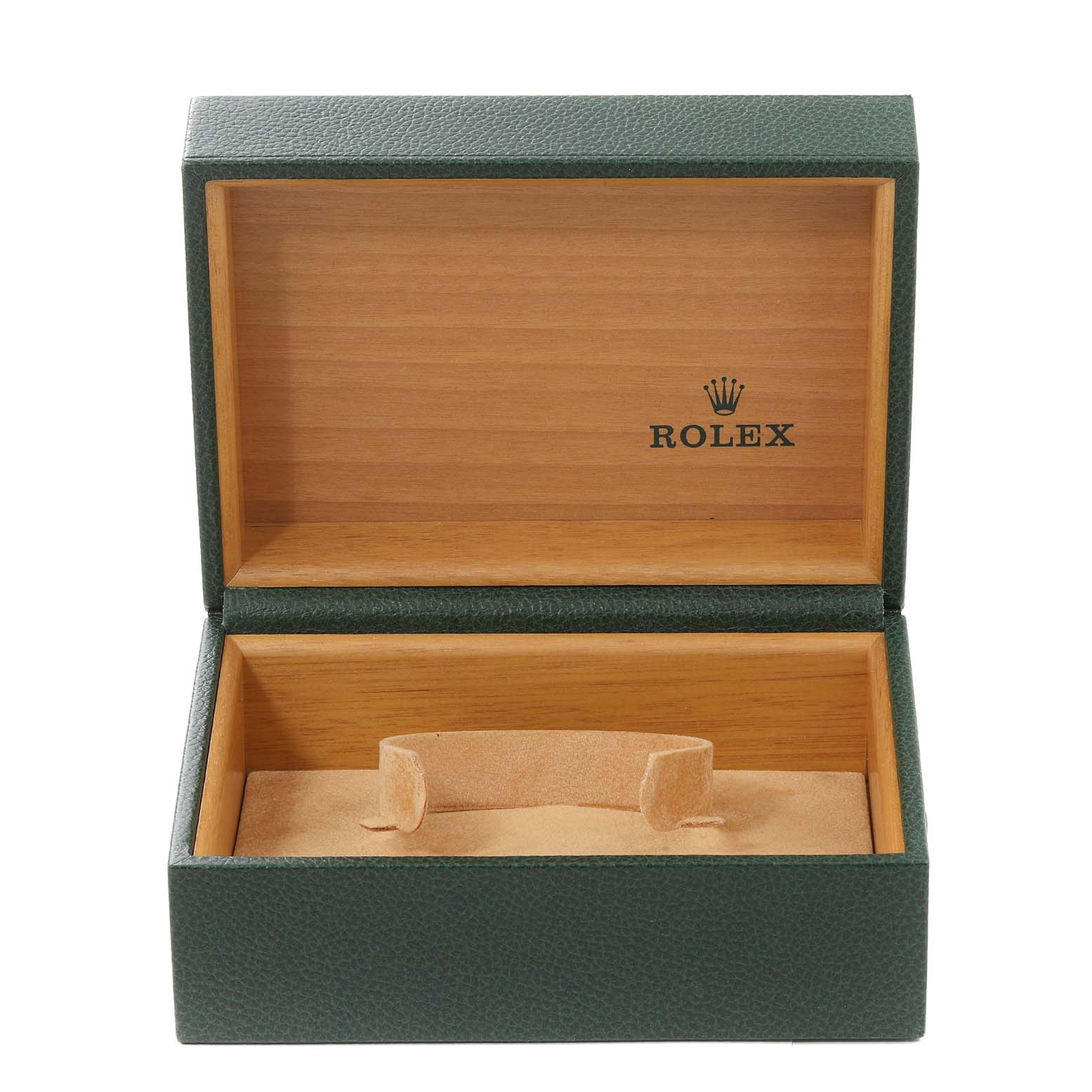 The image shows an open Rolex Datejust 16234 Men's Stainless Steel Black Dial 16234 Men's Stainless Steel Black Dial watch box, revealing its interior with a green exterior and beige lining.