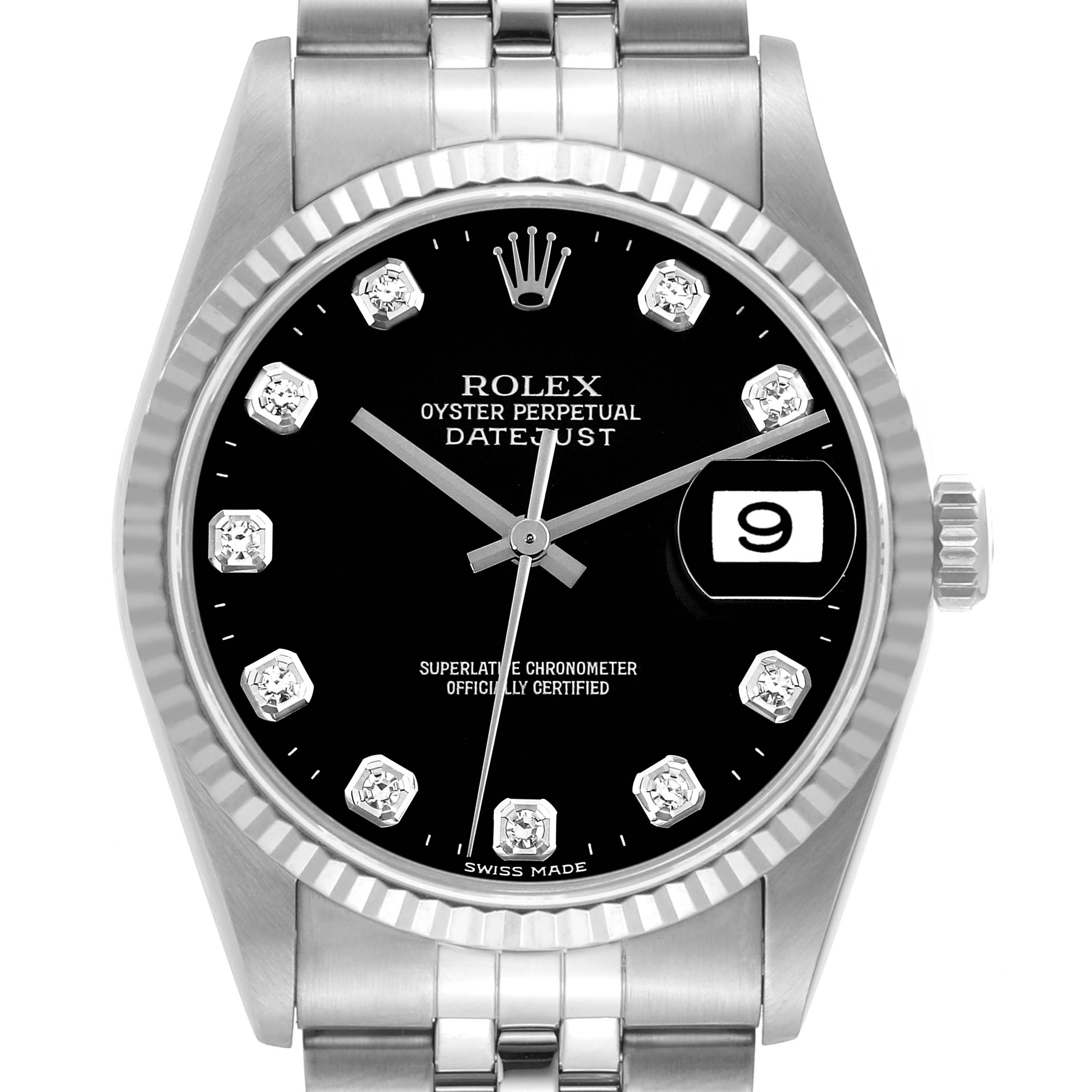 The image shows a close-up view of the face and part of the bracelet of a Rolex Datejust 16234 Men's Stainless Steel Black Dial 16234 Men's Stainless Steel Black Dial watch.