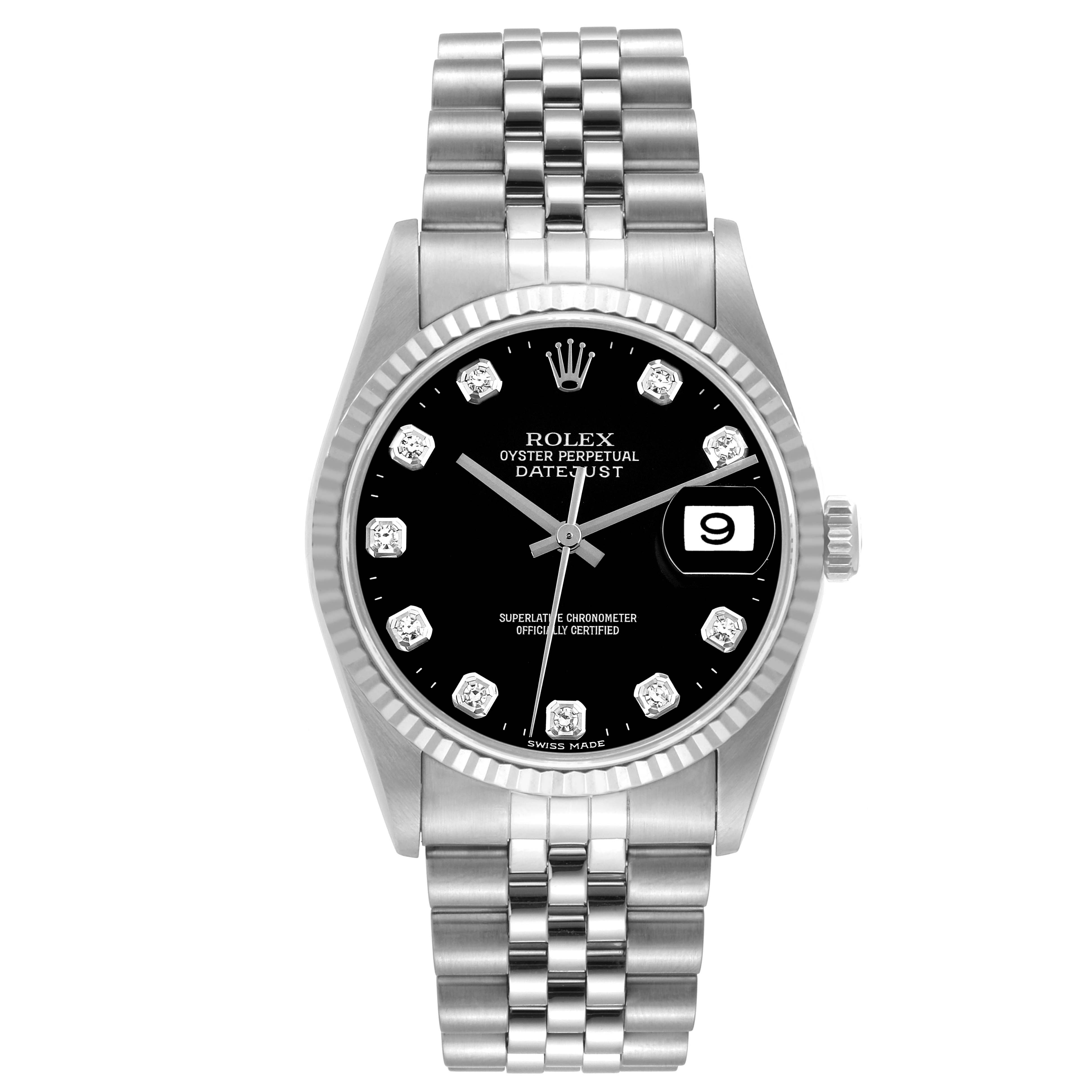 The Rolex Datejust 16234 Men's Stainless Steel Black Dial 16234 Men's Stainless Steel Black Dial watch is shown from a front angle, displaying the dial, bezel, and bracelet.