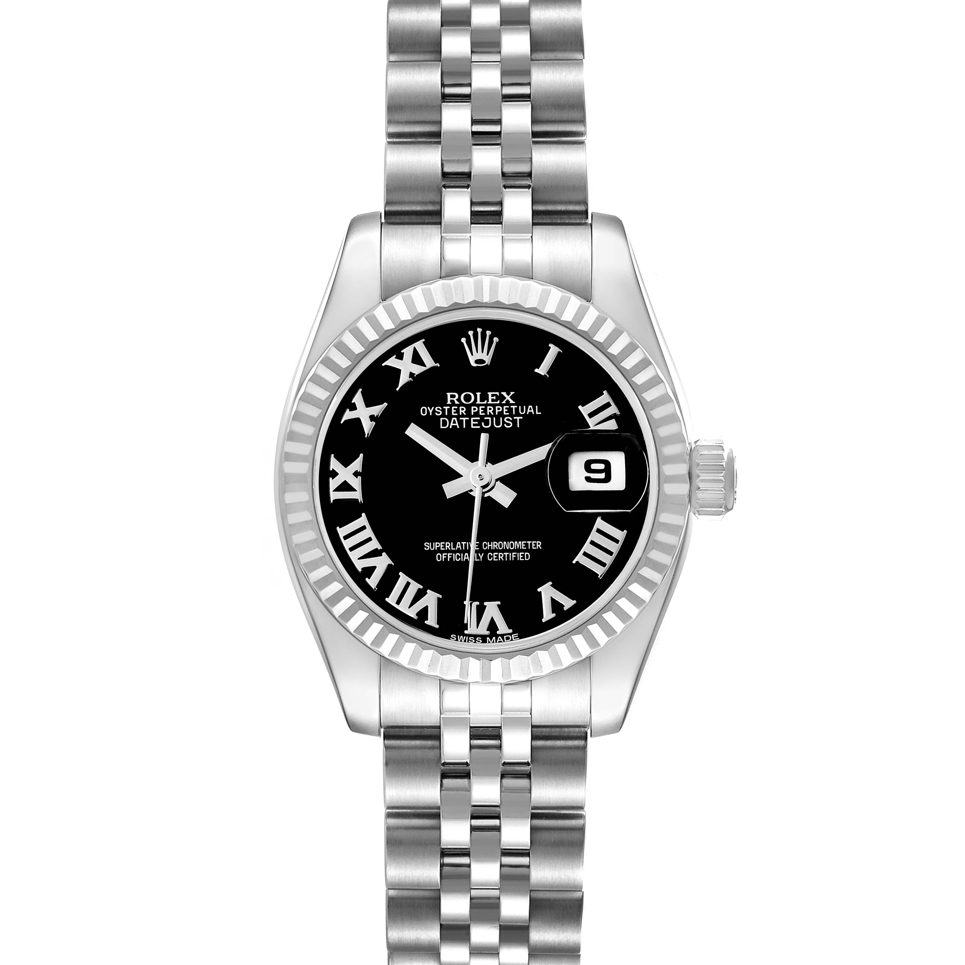 The image shows a frontal view of a Rolex Datejust 179174 Women
s Stainless Steel Black Dial 179174 Women
s Stainless Steel Black Dial watch, displaying the dial, bezel, and bracelet with the date feature visible.