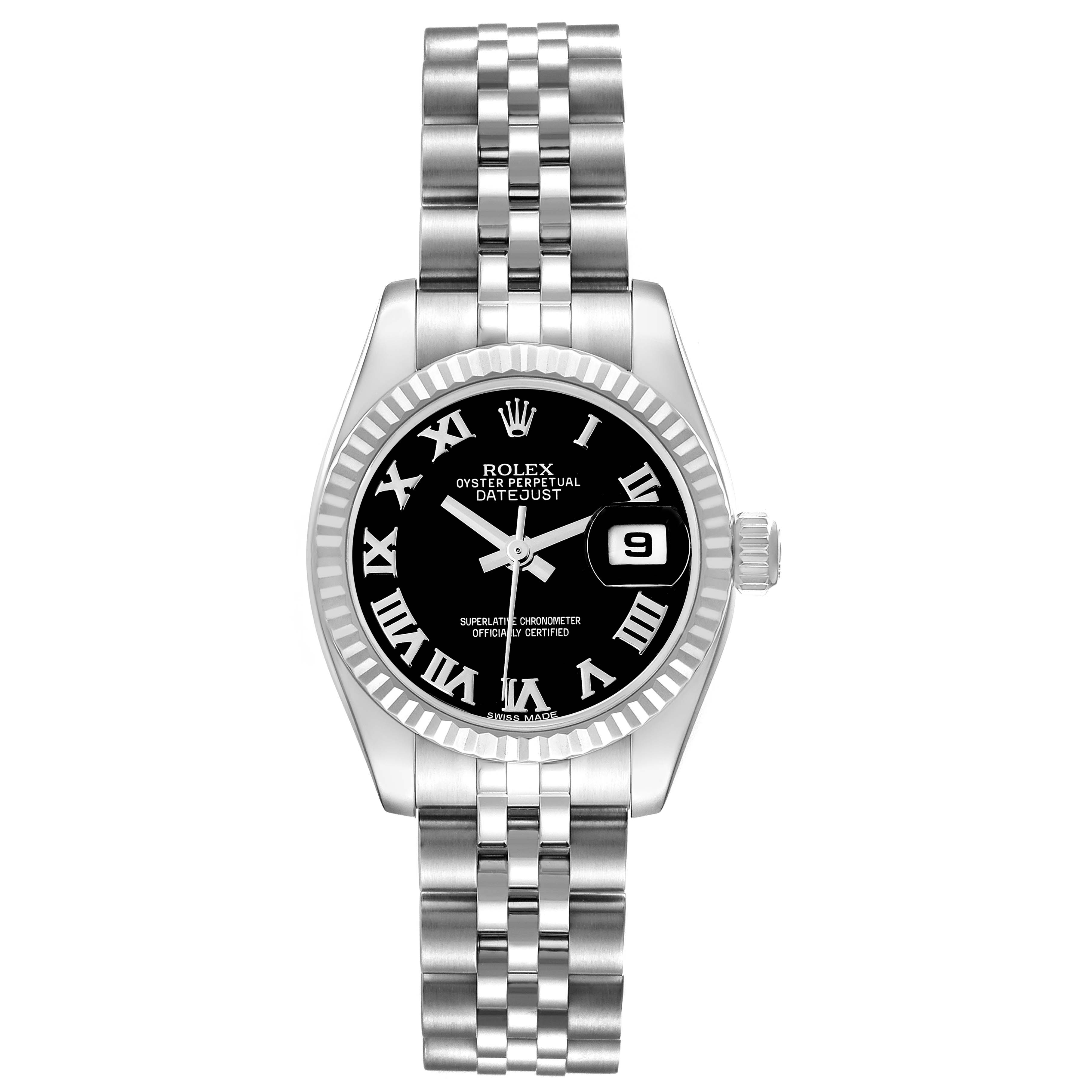 The Rolex Datejust 179174 Women
s Stainless Steel Black Dial 179174 Women
s Stainless Steel Black Dial watch is shown from the front, displaying the face, Roman numeral markers, bezel, date window, and bracelet.