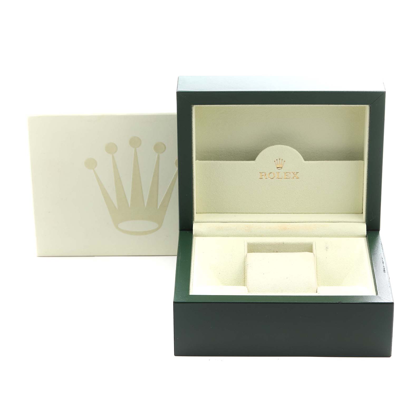 The image shows an open Rolex Datejust 179174 Women
s Stainless Steel Black Dial 179174 Women
s Stainless Steel Black Dial watch box with a green exterior and light interior.