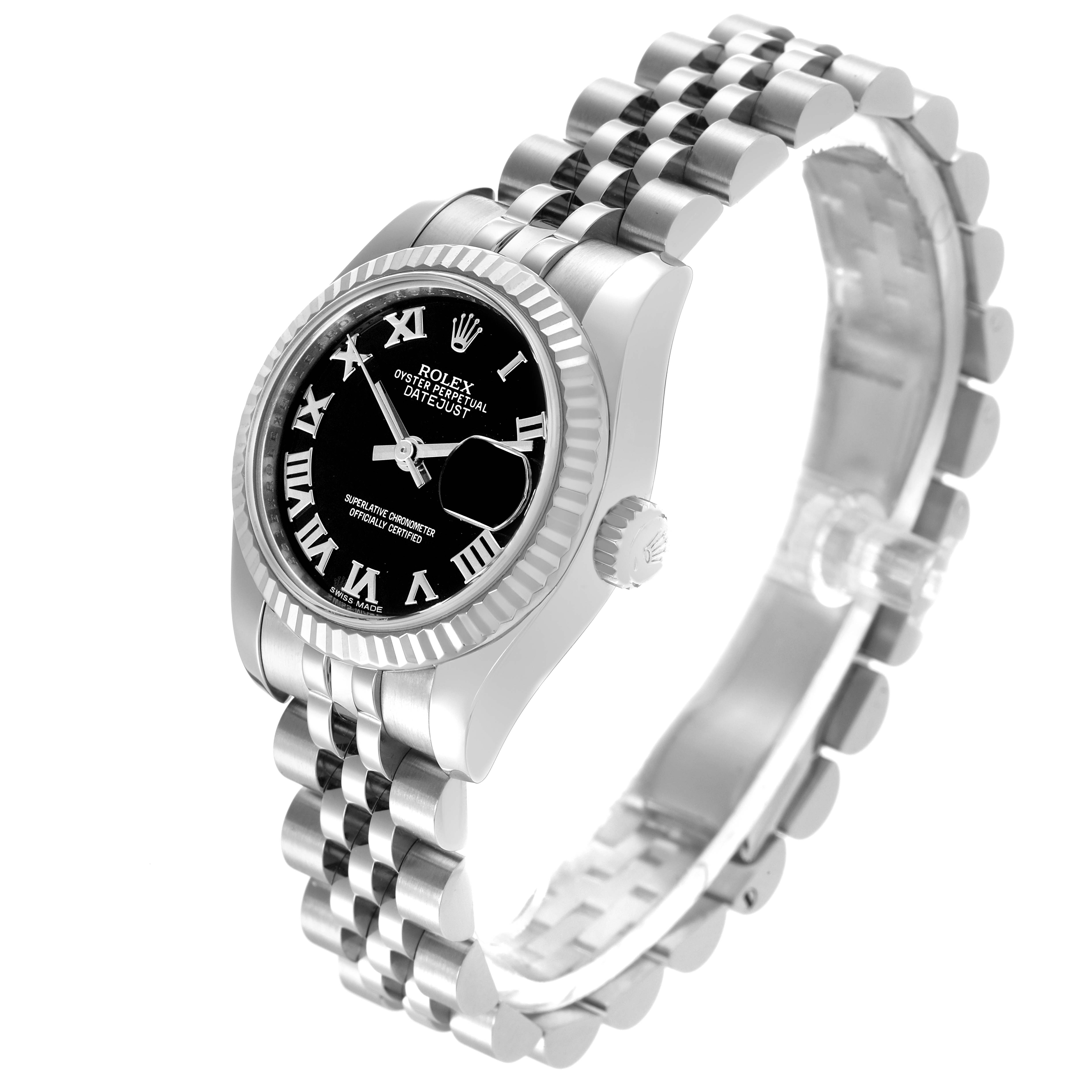 The Rolex Datejust 179174 Women
s Stainless Steel Black Dial 179174 Women
s Stainless Steel Black Dial is shown at a three-quarter angle, highlighting the bezel, dial, crown, and bracelet.