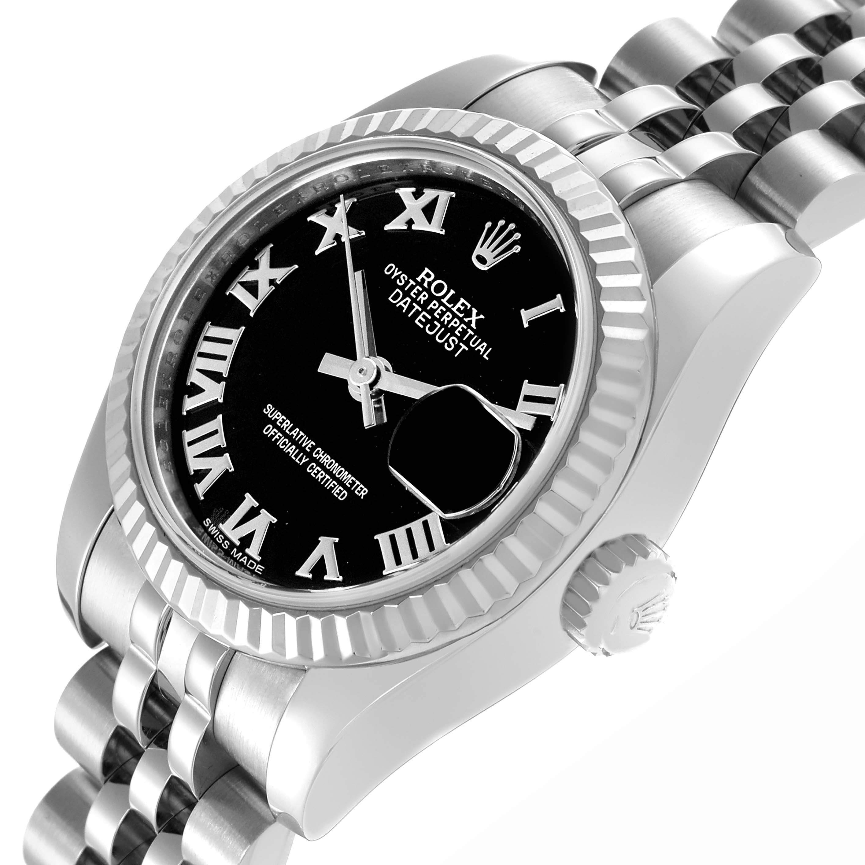 The Rolex Datejust 179174 Women
s Stainless Steel Black Dial 179174 Women
s Stainless Steel Black Dial watch is shown at an angled top view, displaying the dial, case, bezel, crown, and part of the bracelet.