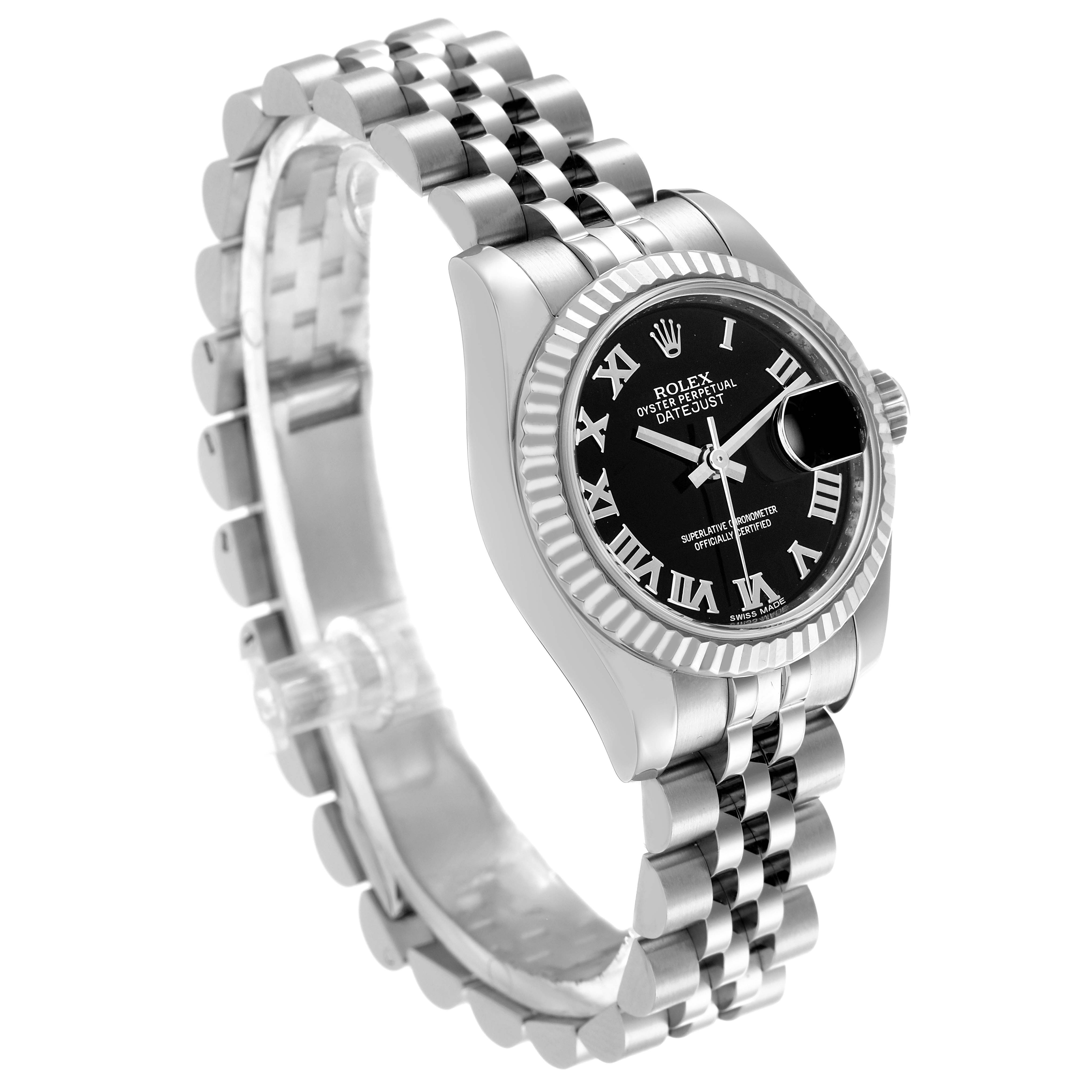 The Rolex Datejust 179174 Women
s Stainless Steel Black Dial 179174 Women
s Stainless Steel Black Dial watch is shown from an angled side view, highlighting the face, bezel, and bracelet.