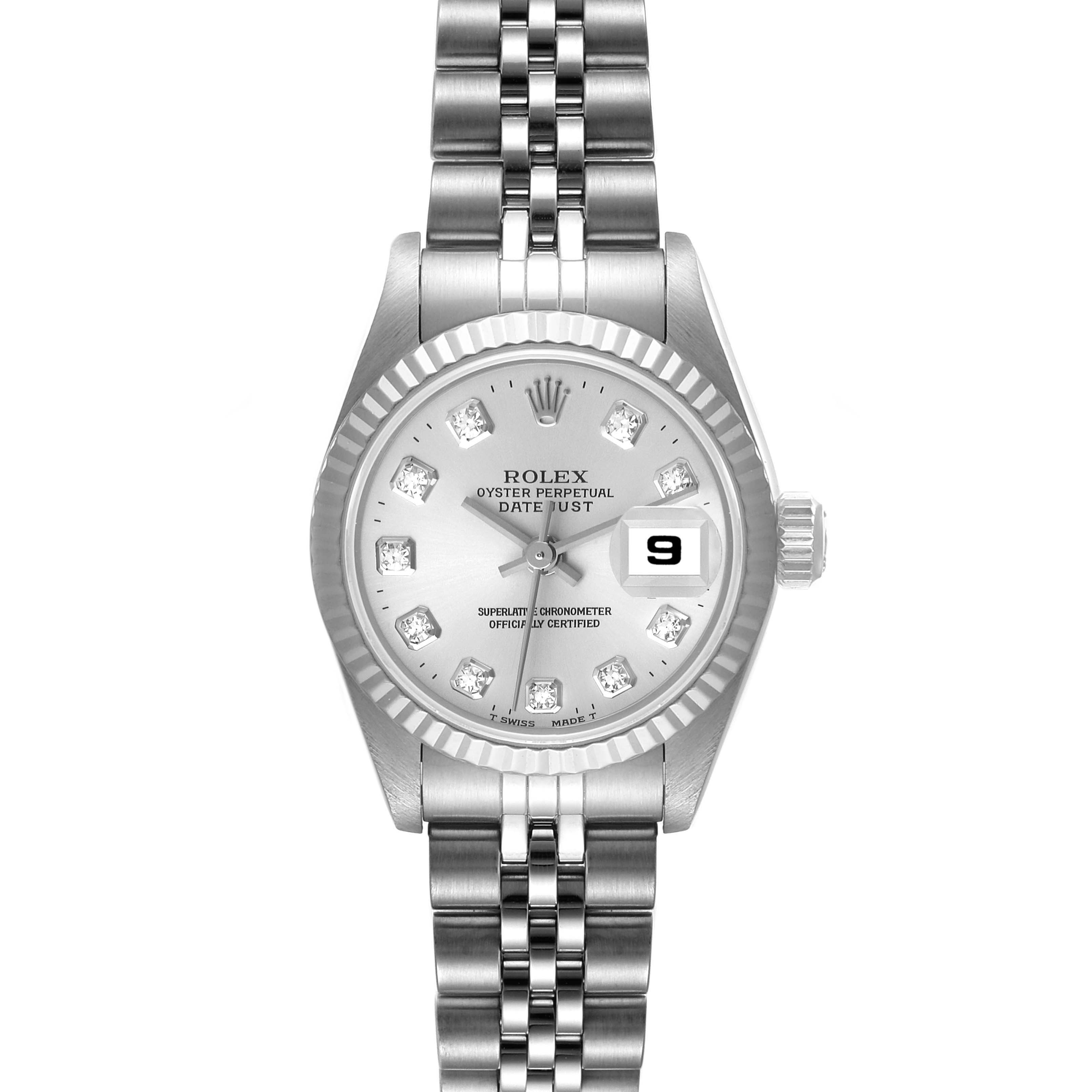 The image shows a front view of a Rolex Datejust 69174 Women
s Stainless Steel Silver Dial 69174 Women
s Stainless Steel Silver Dial watch, highlighting its dial, bracelet, and date window.