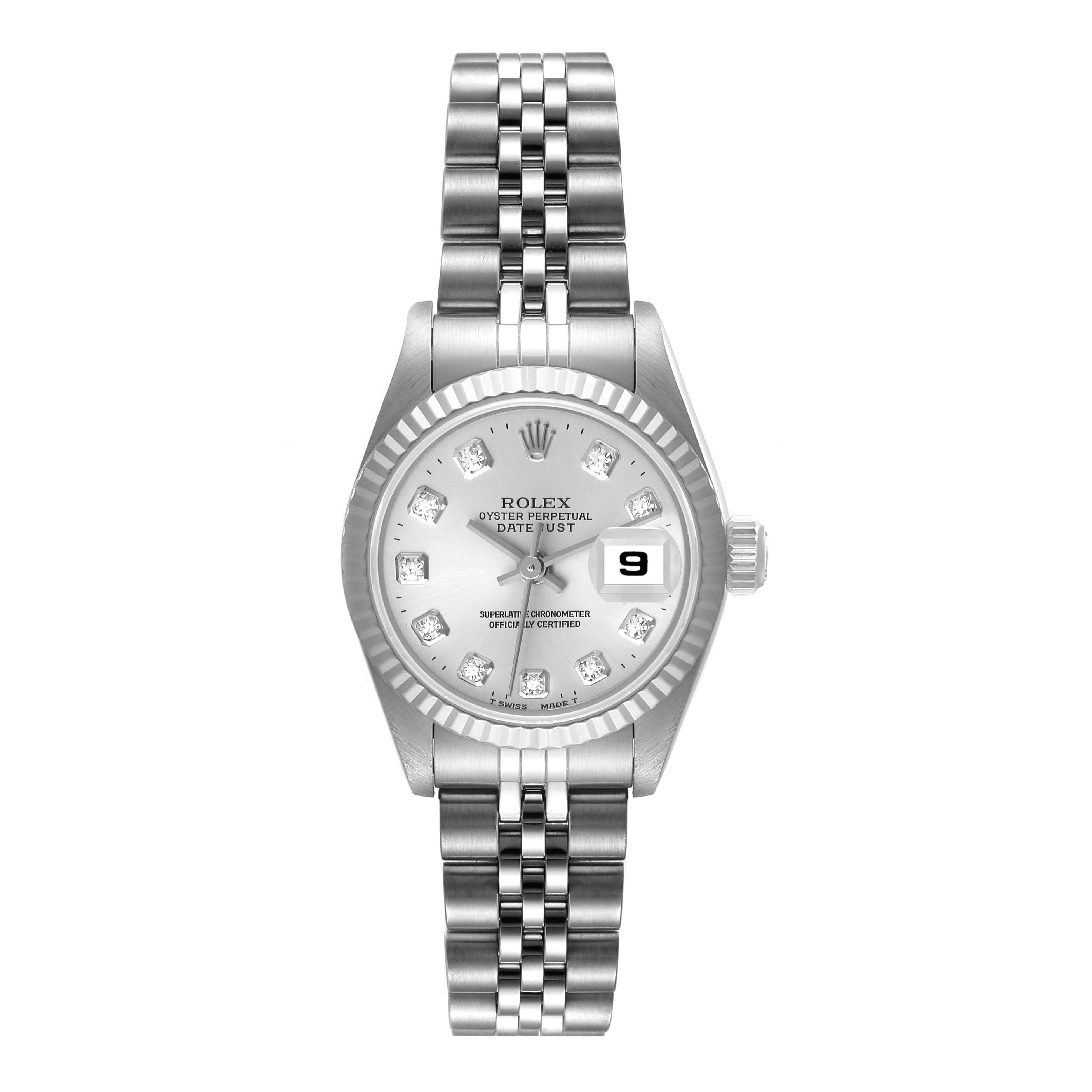 The image shows a front view of a Rolex Datejust 69174 Women
s Stainless Steel Silver Dial 69174 Women
s Stainless Steel Silver Dial watch, featuring the dial, bezel, bracelet, and date window.