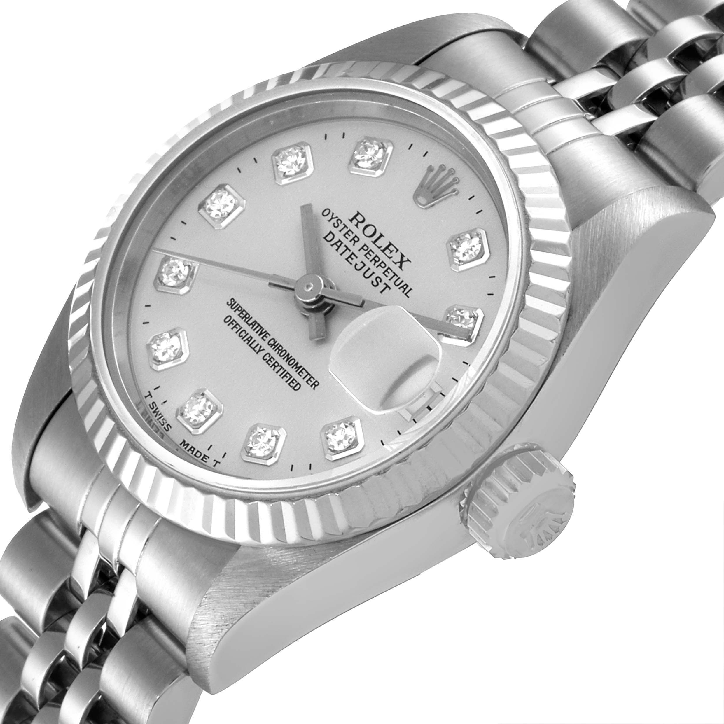 The image shows a close-up view of the Rolex Datejust 69174 Women
s Stainless Steel Silver Dial 69174 Women
s Stainless Steel Silver Dial watch, focusing on the dial, bezel, crown, and part of the bracelet.