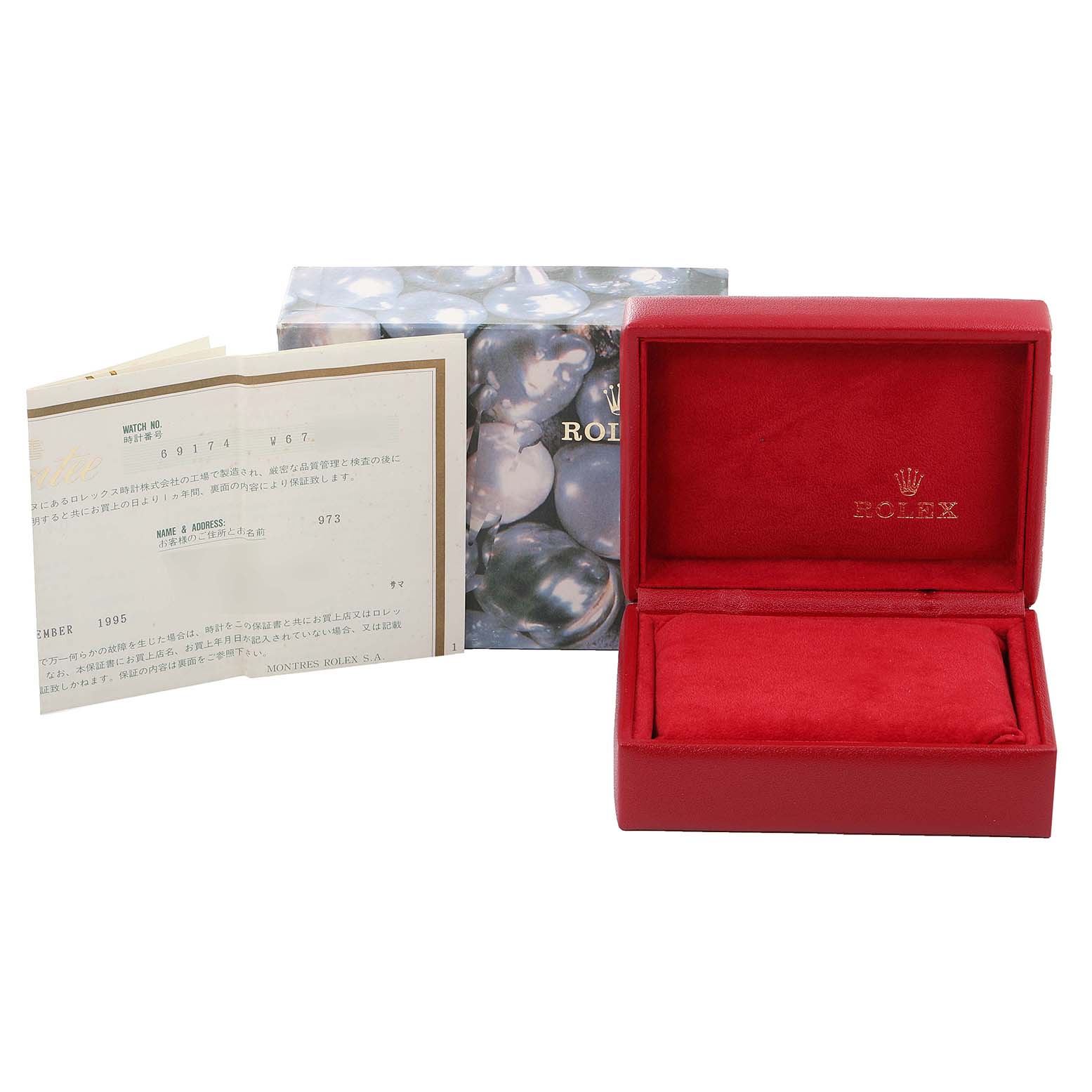 The image shows a red Rolex Datejust 69174 Women
s Stainless Steel Silver Dial 69174 Women
s Stainless Steel Silver Dial watch box, a booklet, and a certificate.