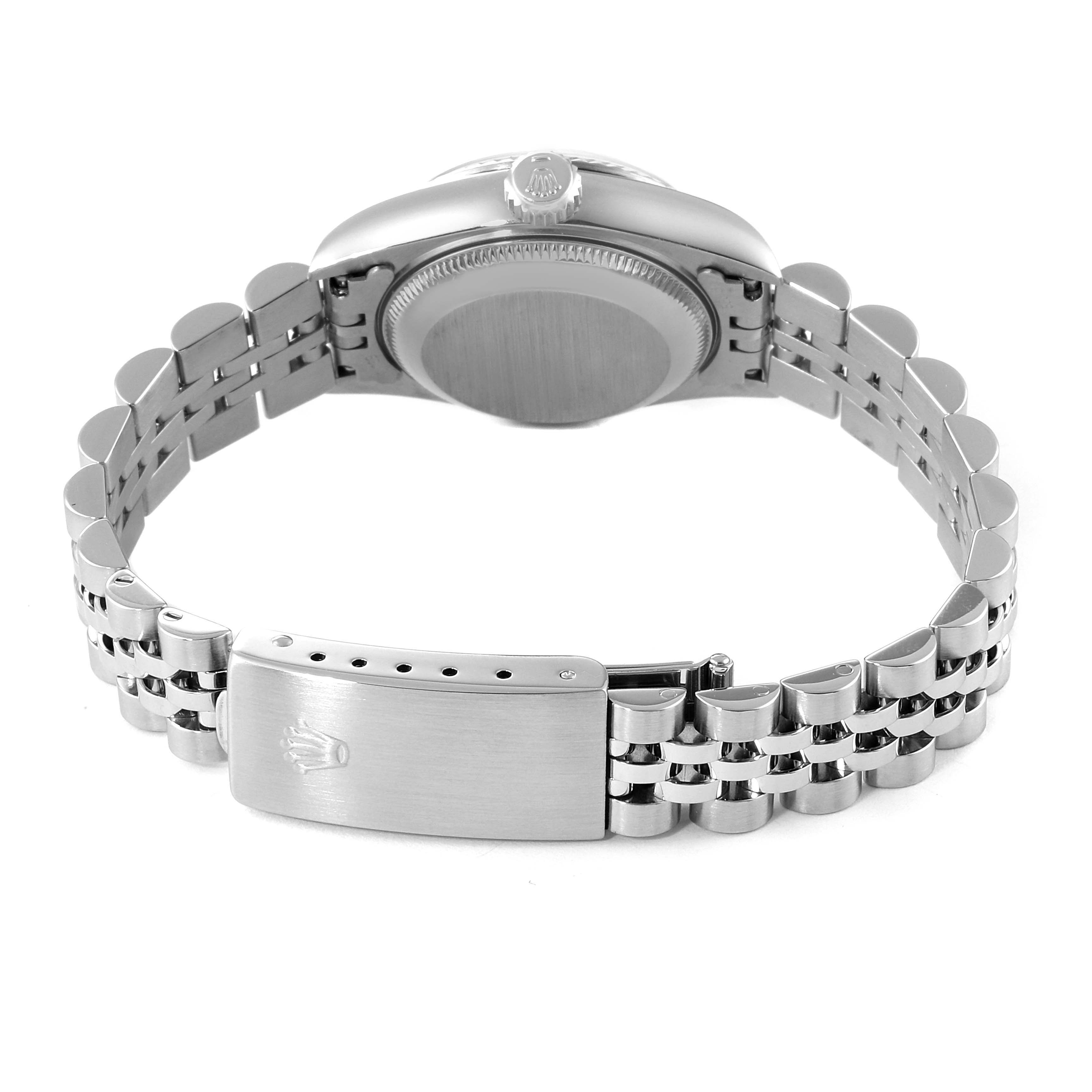 This image shows the back view of a Rolex Datejust 69174 Women
s Stainless Steel Silver Dial 69174 Women
s Stainless Steel Silver Dial watch, highlighting the case back and the clasp of the bracelet.