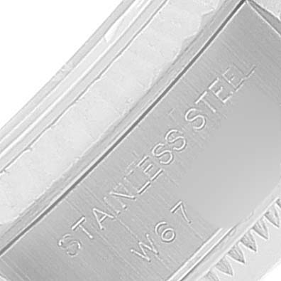 The image shows a close-up angle of the stainless steel bracelet of a Rolex Datejust 69174 Women
s Stainless Steel Silver Dial 69174 Women
s Stainless Steel Silver Dial watch with part of the clasp visible.