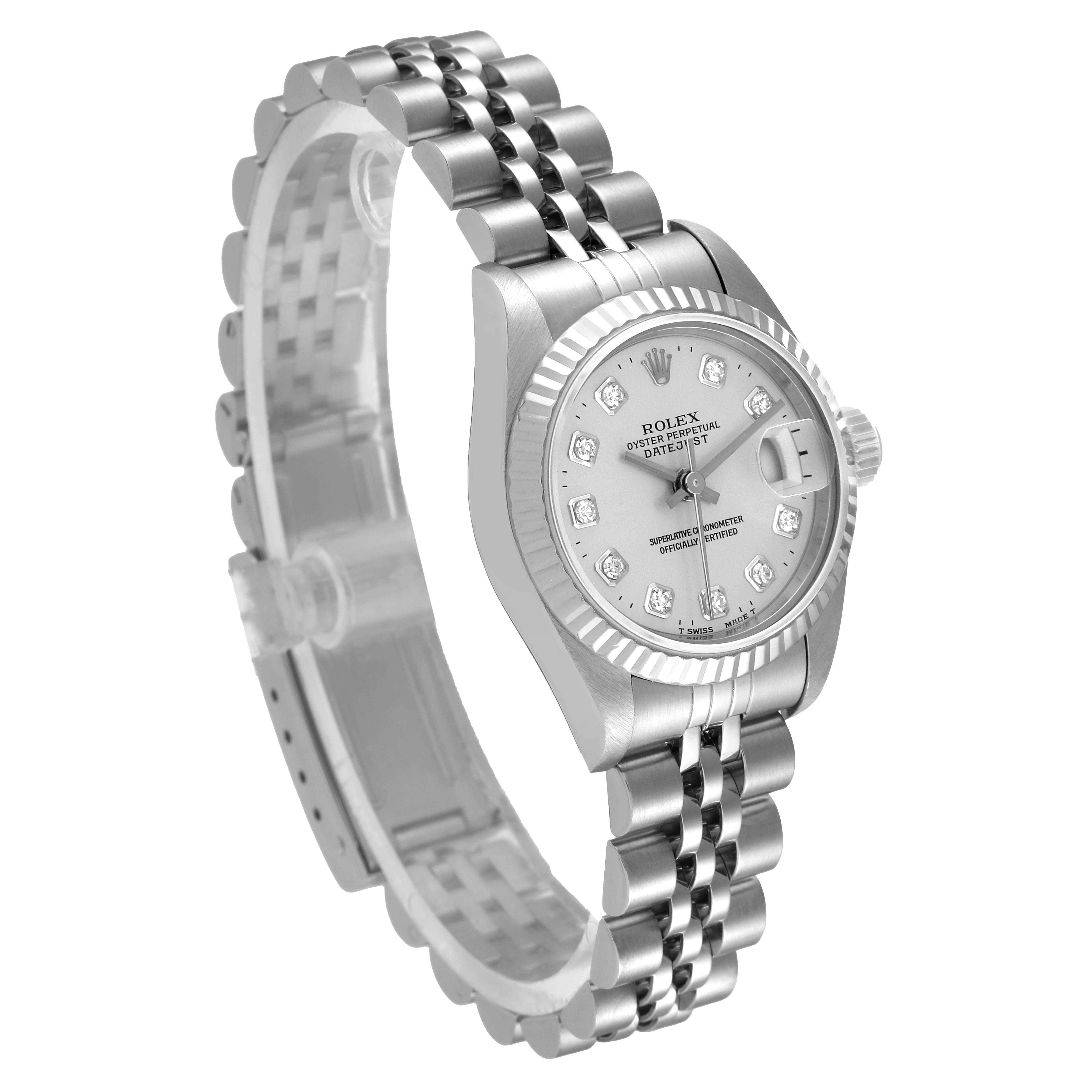 The image shows a Rolex Datejust 69174 Women
s Stainless Steel Silver Dial 69174 Women
s Stainless Steel Silver Dial model watch at an angled side view, highlighting the face, bezel, and bracelet.