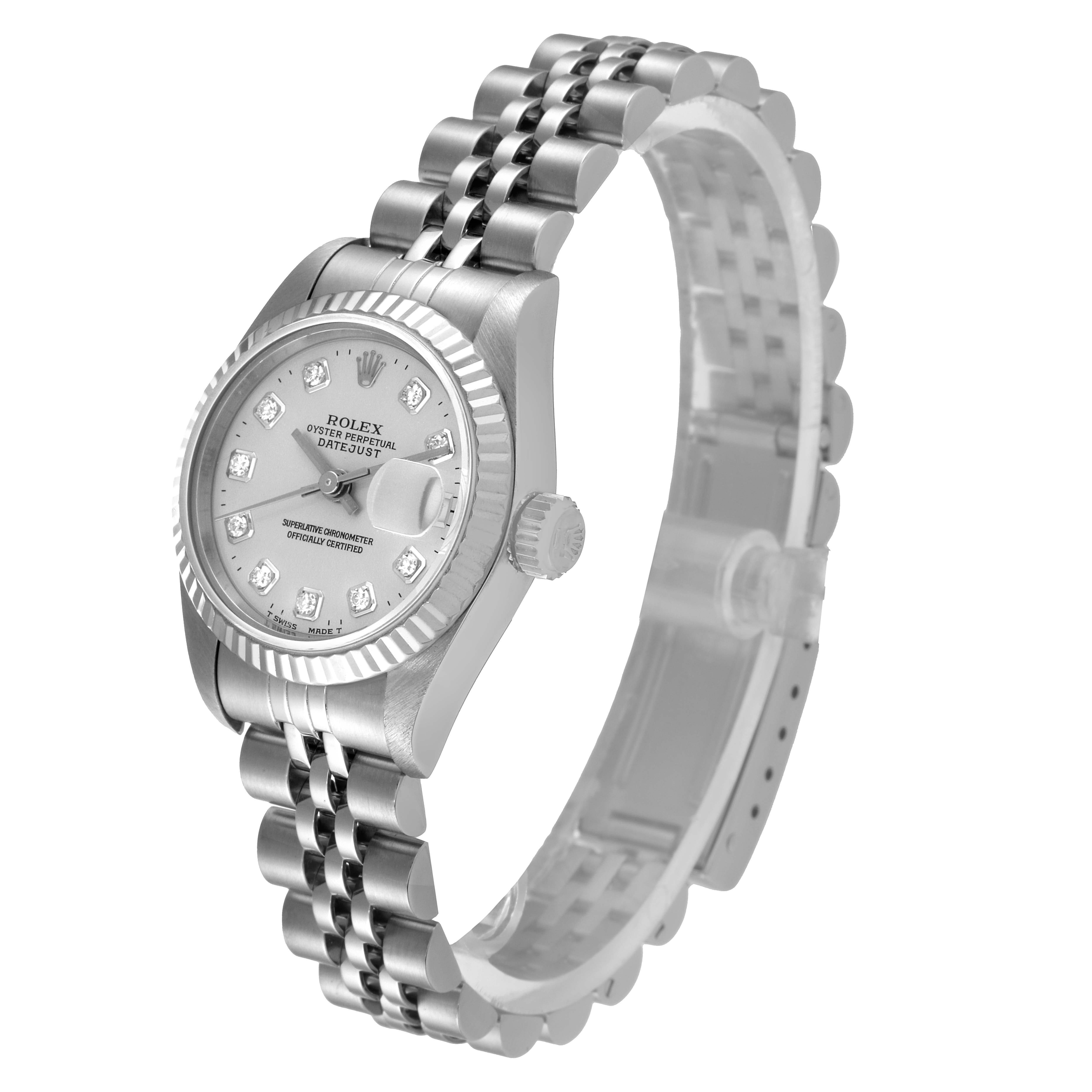 The image shows a side angle of a Rolex Datejust 69174 Women
s Stainless Steel Silver Dial 69174 Women
s Stainless Steel Silver Dial watch featuring the face, crown, and bracelet.