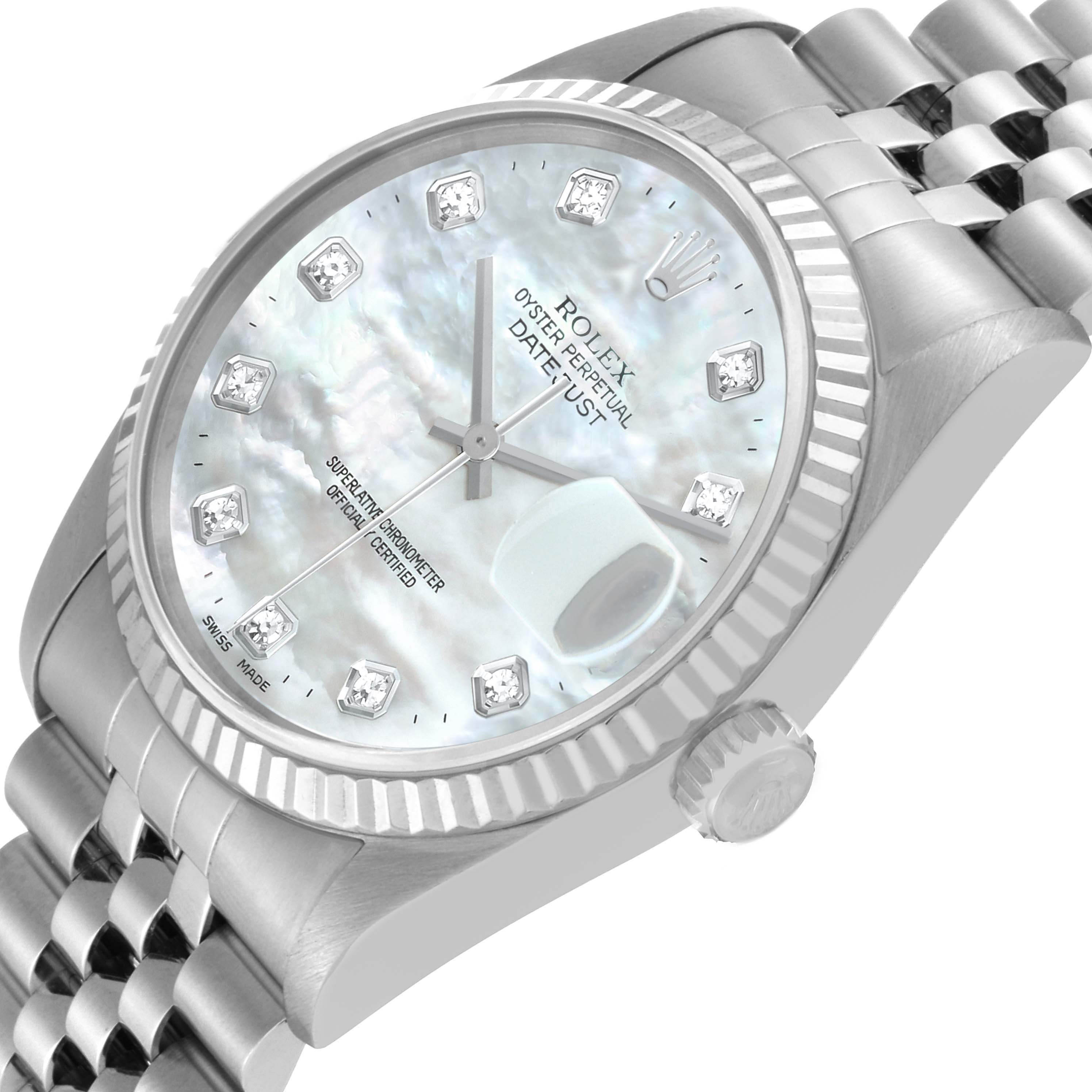 The image shows a close-up, angled view of the Rolex Datejust 16234 Men's Stainless Steel Mother of Pearl Dial 16234 Men's Stainless Steel Mother of Pearl Dial watch, highlighting the dial, bezel, and part of the bracelet.