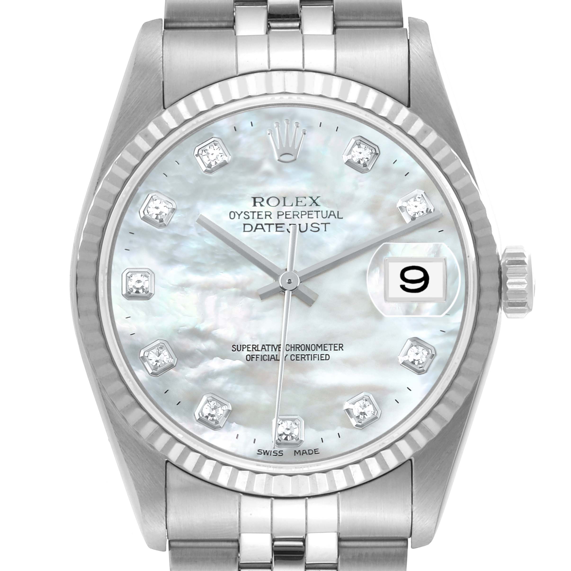This is a front view of a Rolex Datejust 16234 Men's Stainless Steel Mother of Pearl Dial 16234 Men's Stainless Steel Mother of Pearl Dial watch showcasing its dial, bezel, and partial bracelet.