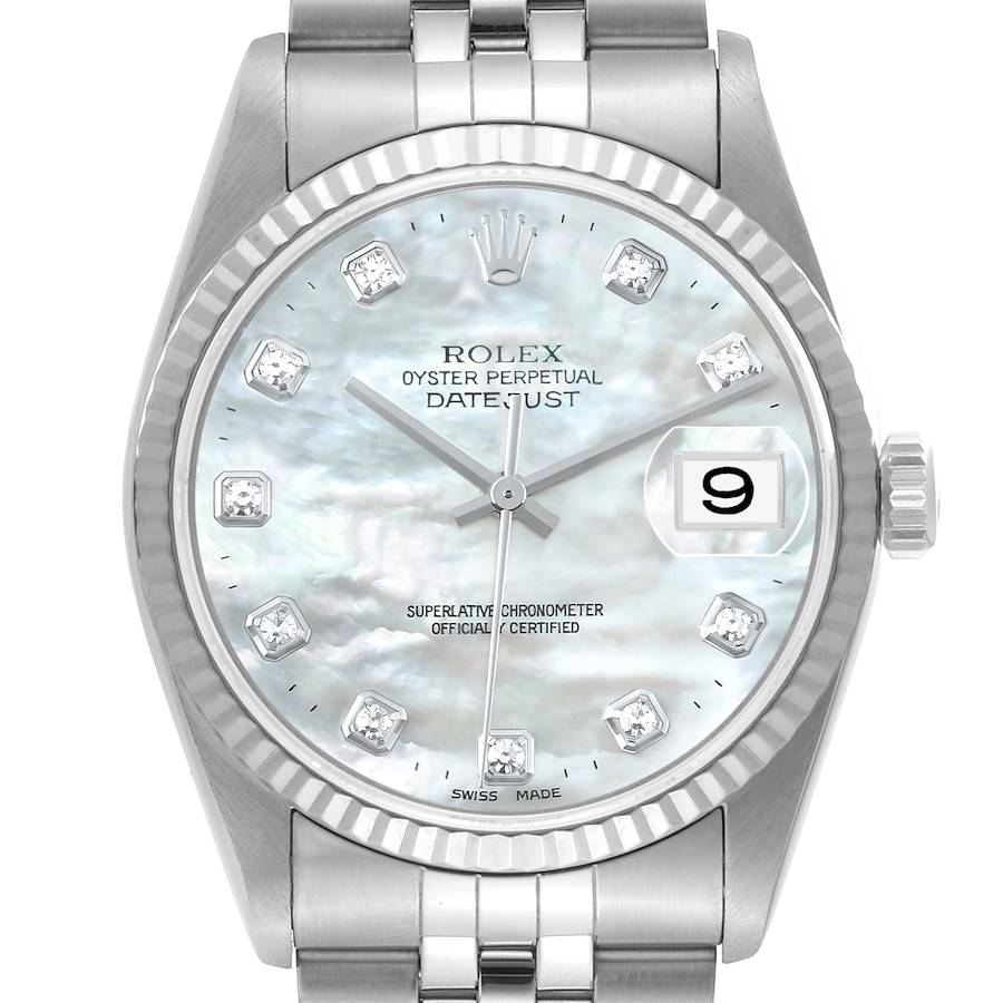 Rolex Datejust Steel White Gold Mother of Pearl Diamond Dial Mens Watch 16234 SwissWatchExpo