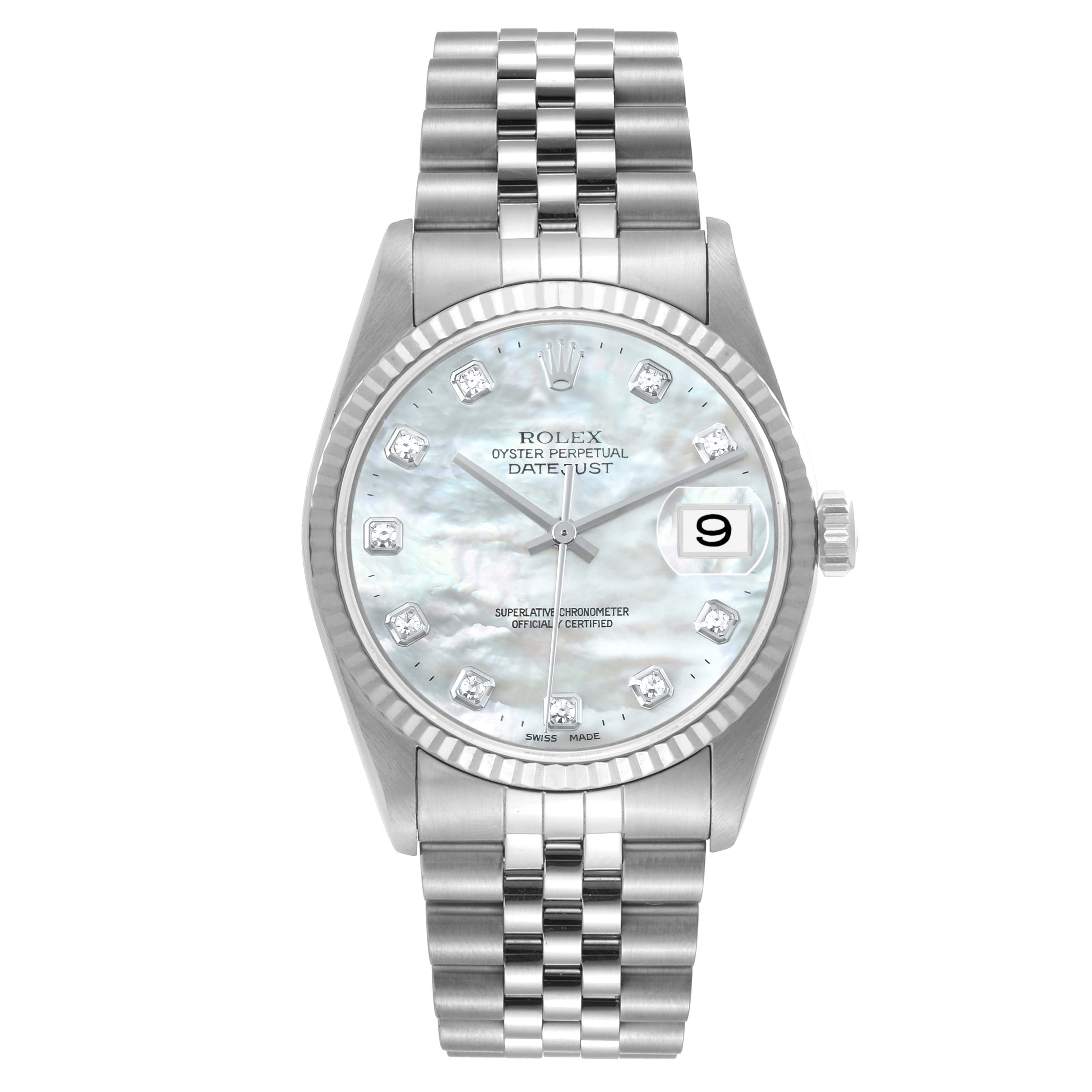 This image shows a front view of a Rolex Datejust 16234 Men's Stainless Steel Mother of Pearl Dial 16234 Men's Stainless Steel Mother of Pearl Dial watch, displaying the dial, hands, date window, and bracelet.