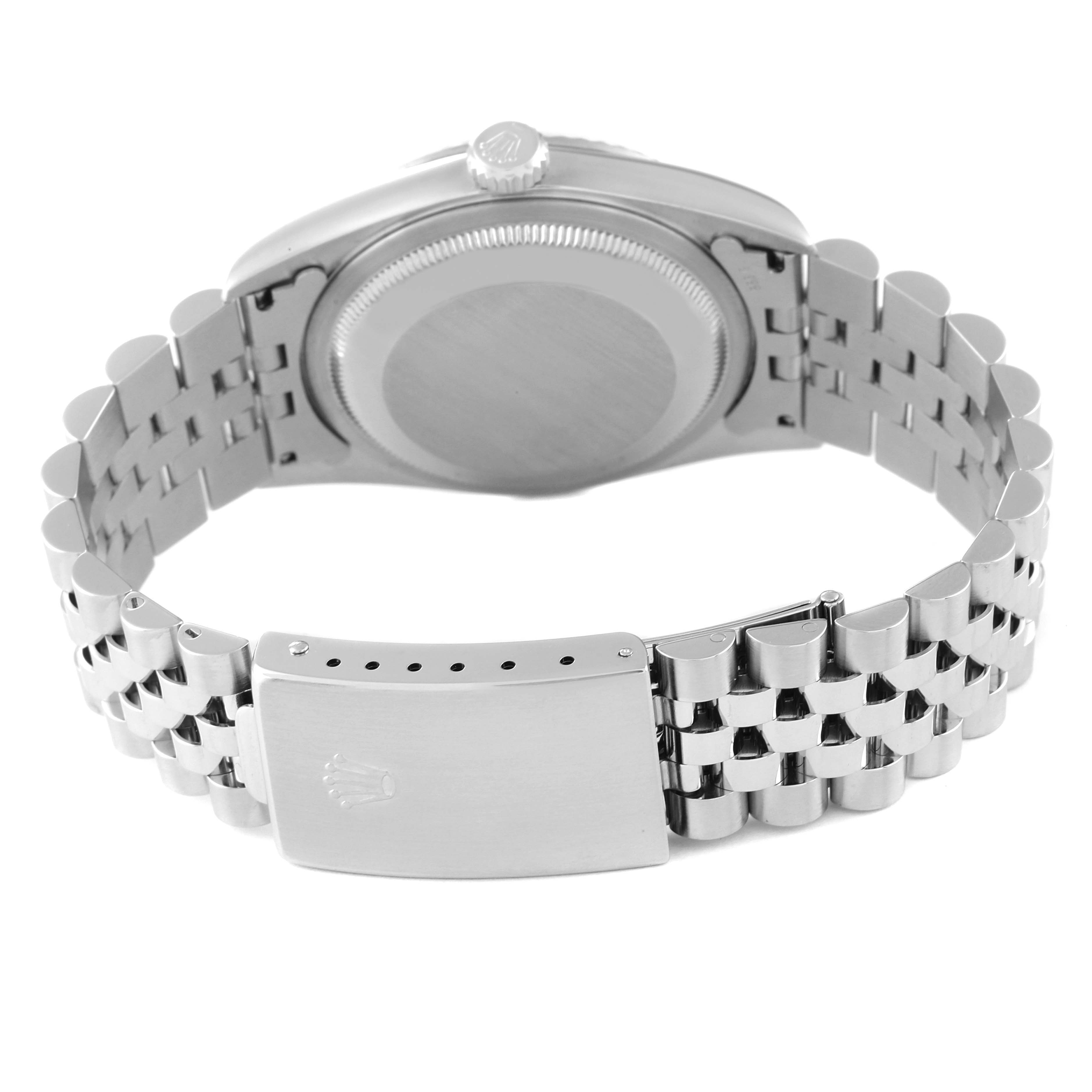 This image shows the back view of a Rolex Datejust 16234 Men's Stainless Steel Mother of Pearl Dial 16234 Men's Stainless Steel Mother of Pearl Dial watch, highlighting the case back, crown, and Jubilee bracelet with clasp.