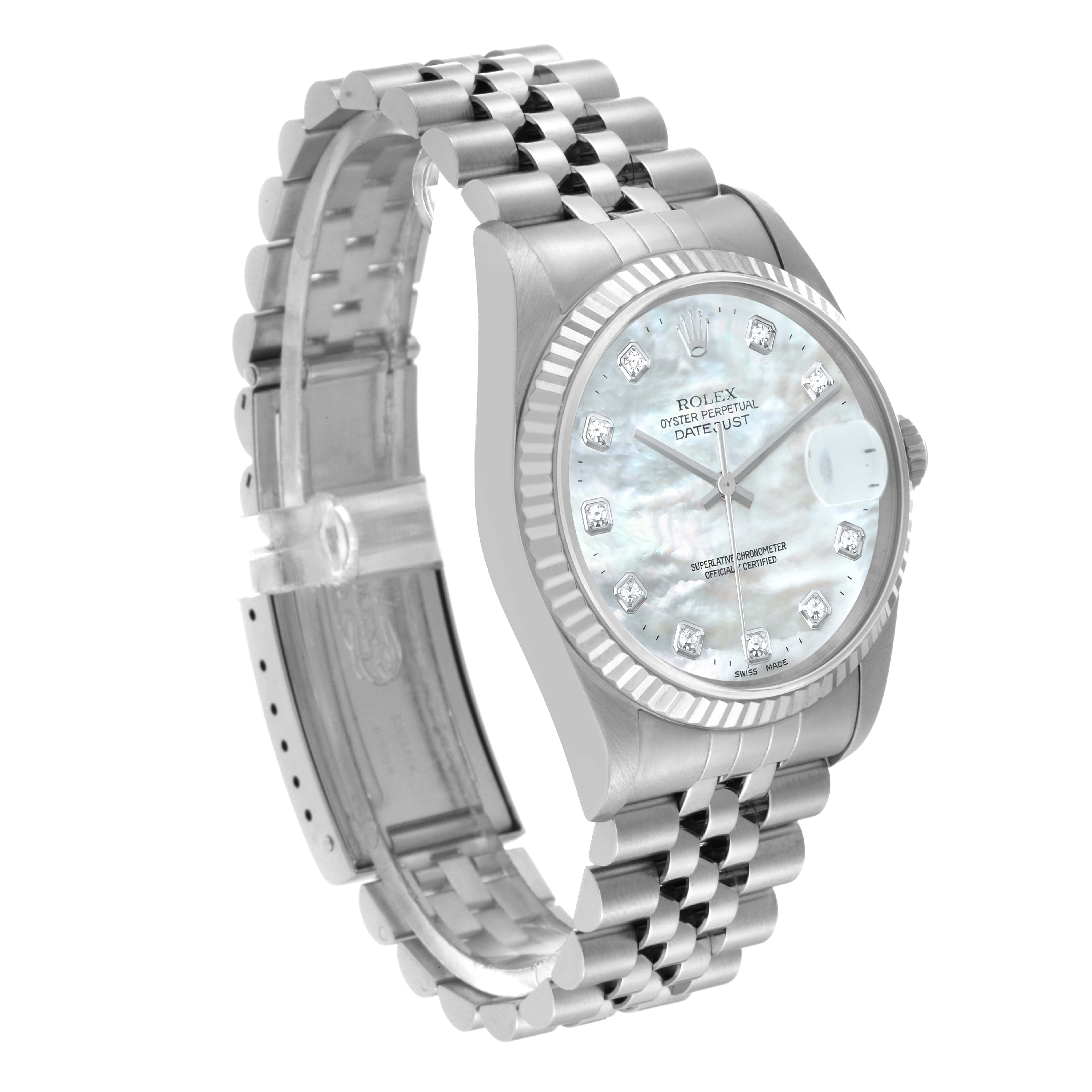 The Rolex Datejust 16234 Men's Stainless Steel Mother of Pearl Dial 16234 Men's Stainless Steel Mother of Pearl Dial watch is shown from a front angle, displaying its face, bezel, and bracelet.