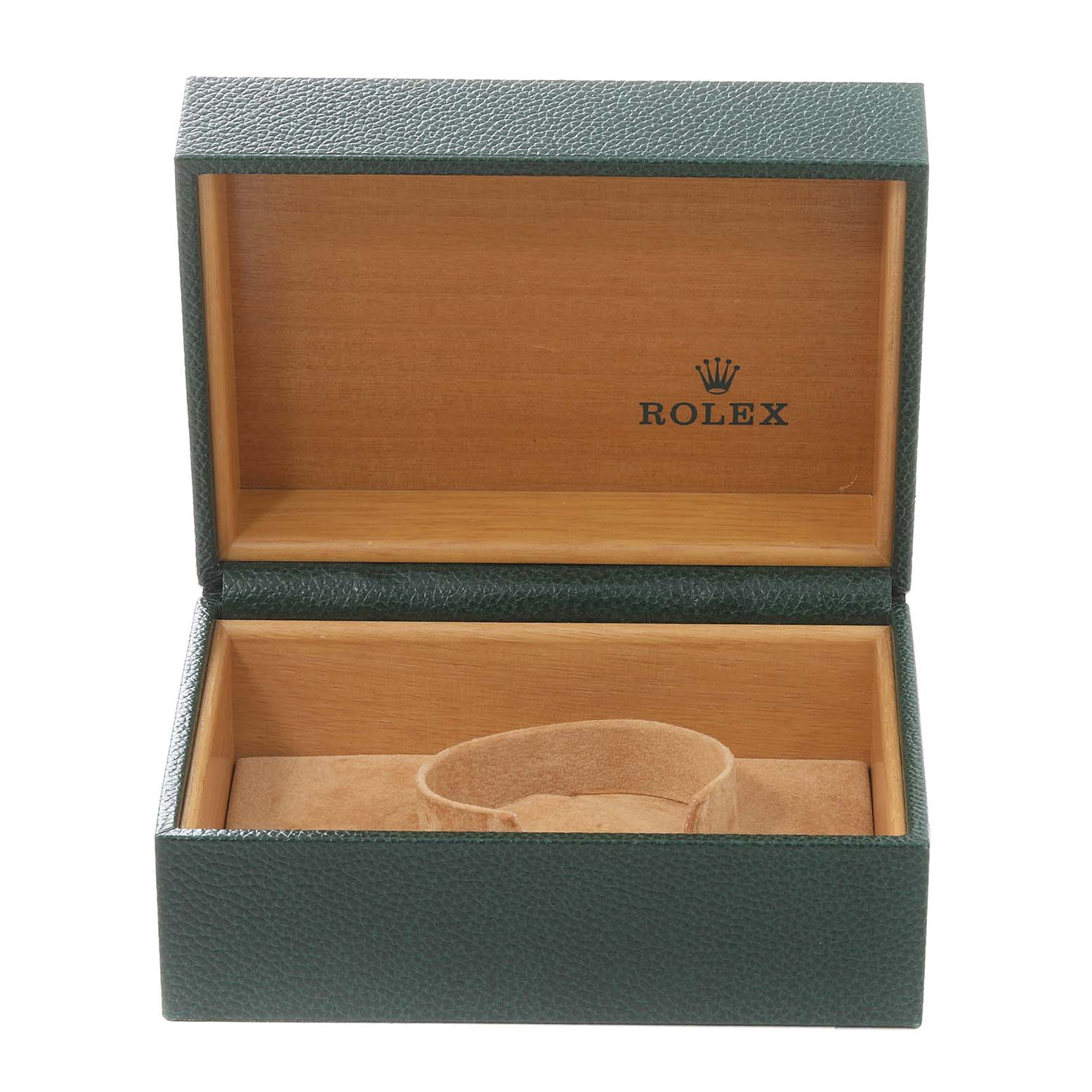 The image shows an open Rolex Datejust 16234 Men's Stainless Steel Mother of Pearl Dial 16234 Men's Stainless Steel Mother of Pearl Dial watch box with green exterior, wooden interior, and a wrist cushion inside.