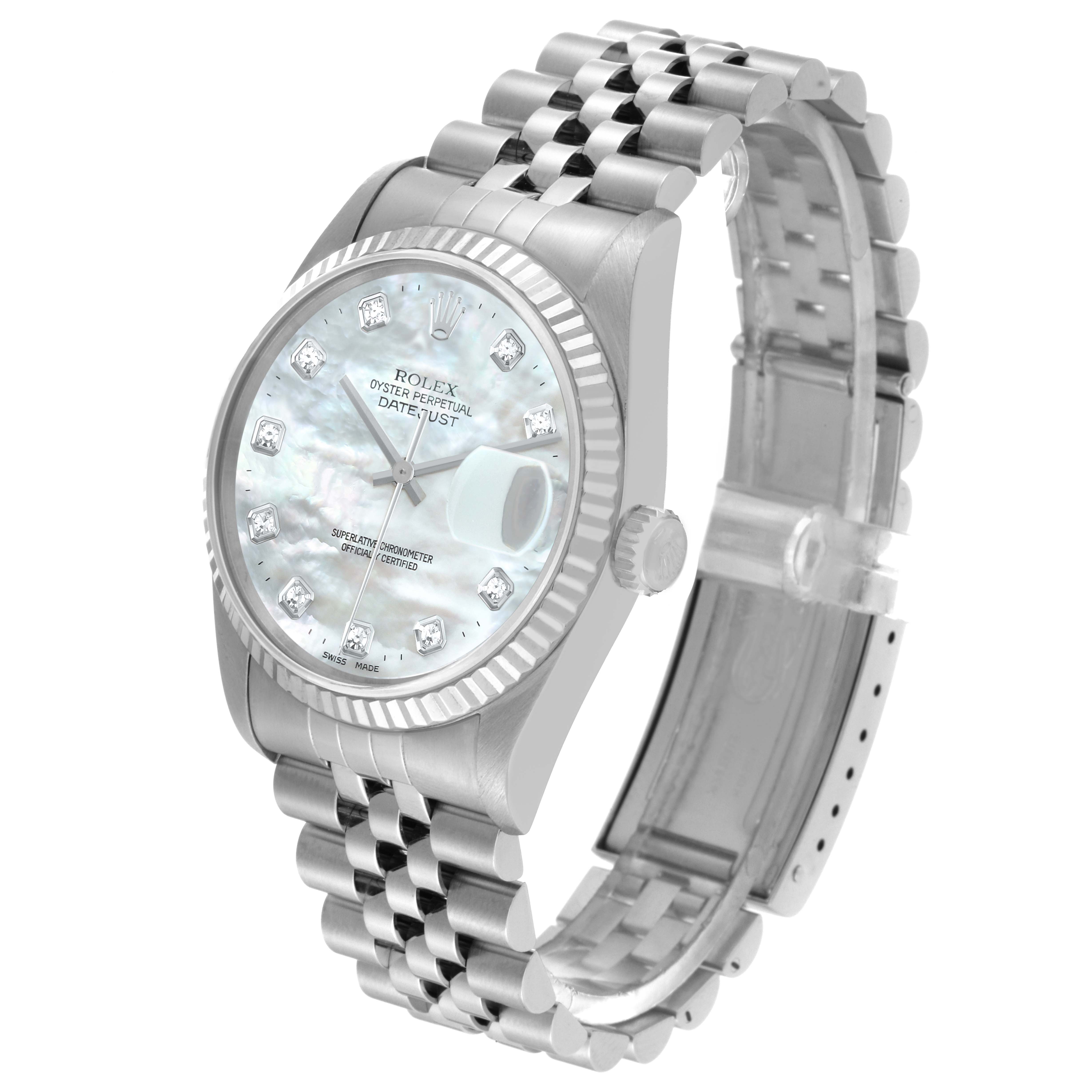 This Rolex Datejust 16234 Men's Stainless Steel Mother of Pearl Dial 16234 Men's Stainless Steel Mother of Pearl Dial watch is shown at a three-quarter angle, highlighting its face, bezel, crown, and Jubilee bracelet.