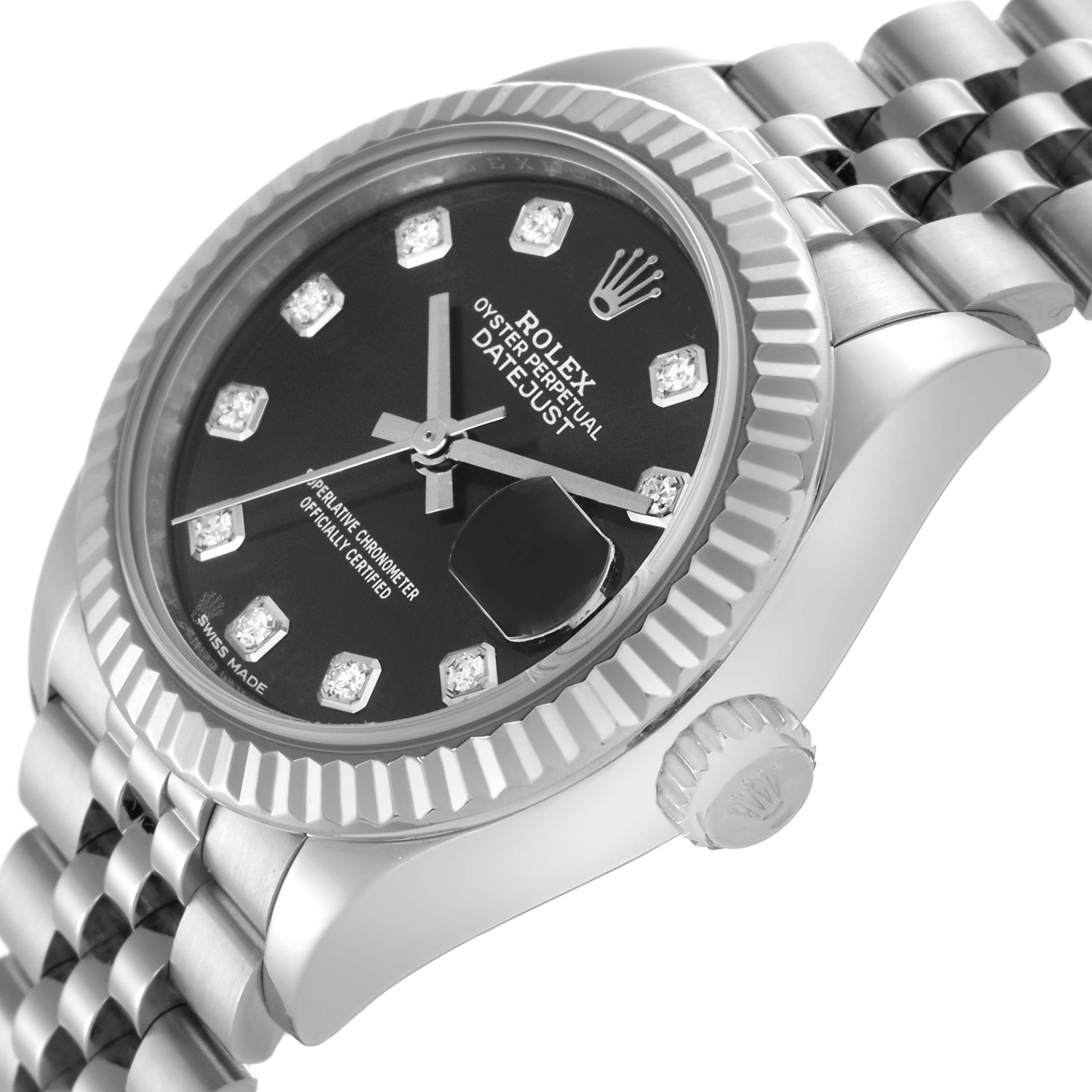 The Rolex Datejust 279174 Women's Stainless Steel Grey Dial 279174 Women's Stainless Steel Grey Dial watch is shown at an angle highlighting the bezel, crown, and jubilee bracelet.