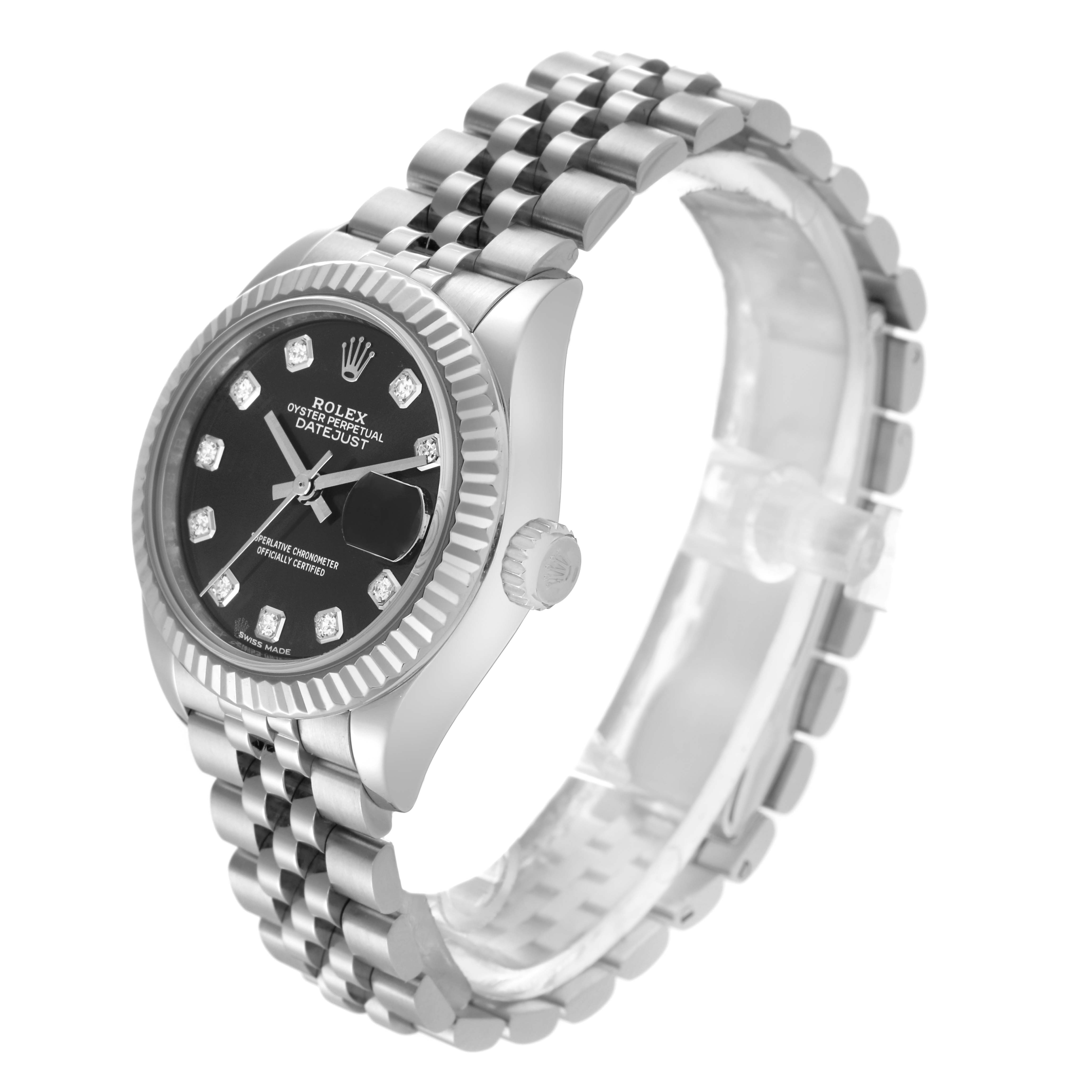 The Rolex Datejust 279174 Women's Stainless Steel Grey Dial 279174 Women's Stainless Steel Grey Dial watch is shown at an angle highlighting its face, bezel, crown, and part of the bracelet.