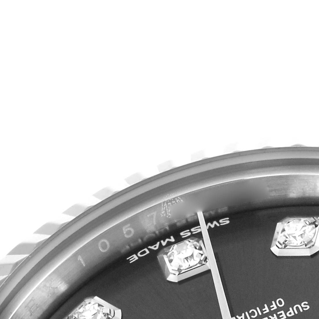 The image shows a close-up angle of the Rolex Datejust 279174 Women's Stainless Steel Grey Dial 279174 Women's Stainless Steel Grey Dial watch, focusing on the bezel, part of the dial, and diamond indices.