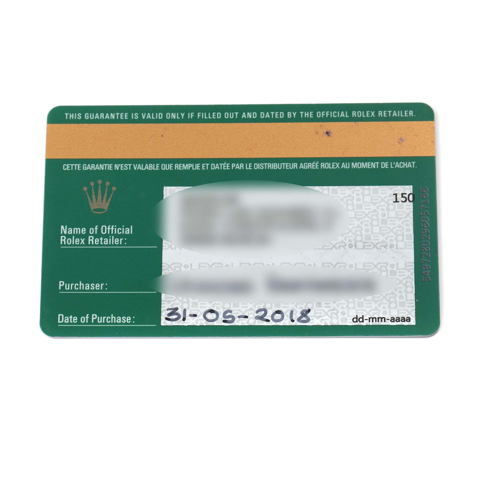 The image shows a warranty card for a Rolex Datejust 279174 Women's Stainless Steel Grey Dial 279174 Women's Stainless Steel Grey Dial watch, featuring purchase details and trademark branding.