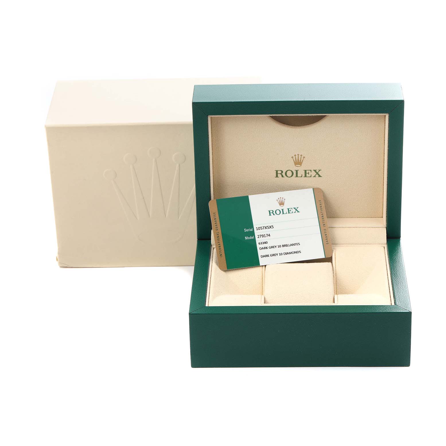 The image shows a Rolex Datejust 279174 Women's Stainless Steel Grey Dial 279174 Women's Stainless Steel Grey Dial watch box, partially open with a warranty card visible inside.