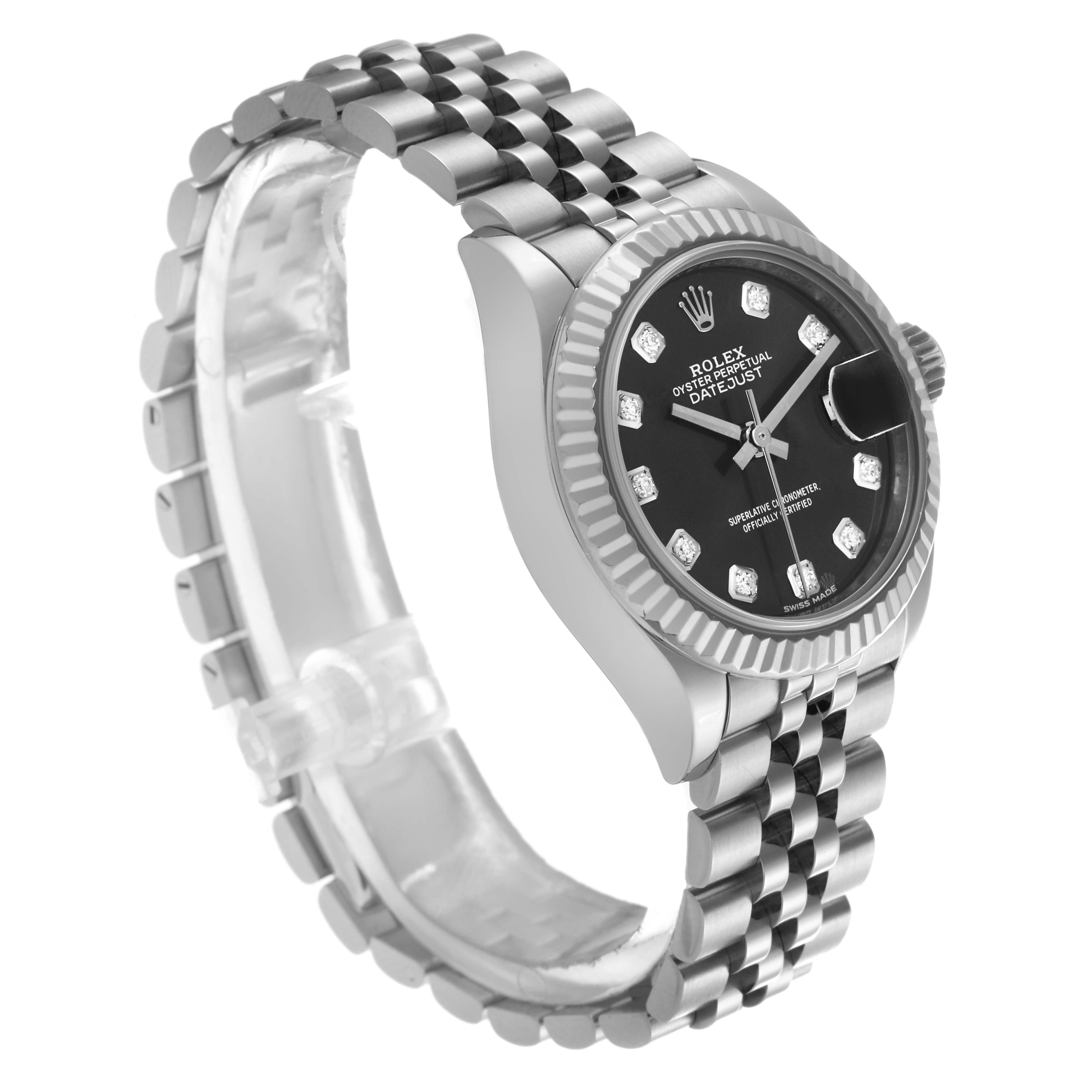 The Rolex Datejust 279174 Women's Stainless Steel Grey Dial 279174 Women's Stainless Steel Grey Dial watch is shown at a slight side angle, highlighting the face, bezel, and Jubilee bracelet.