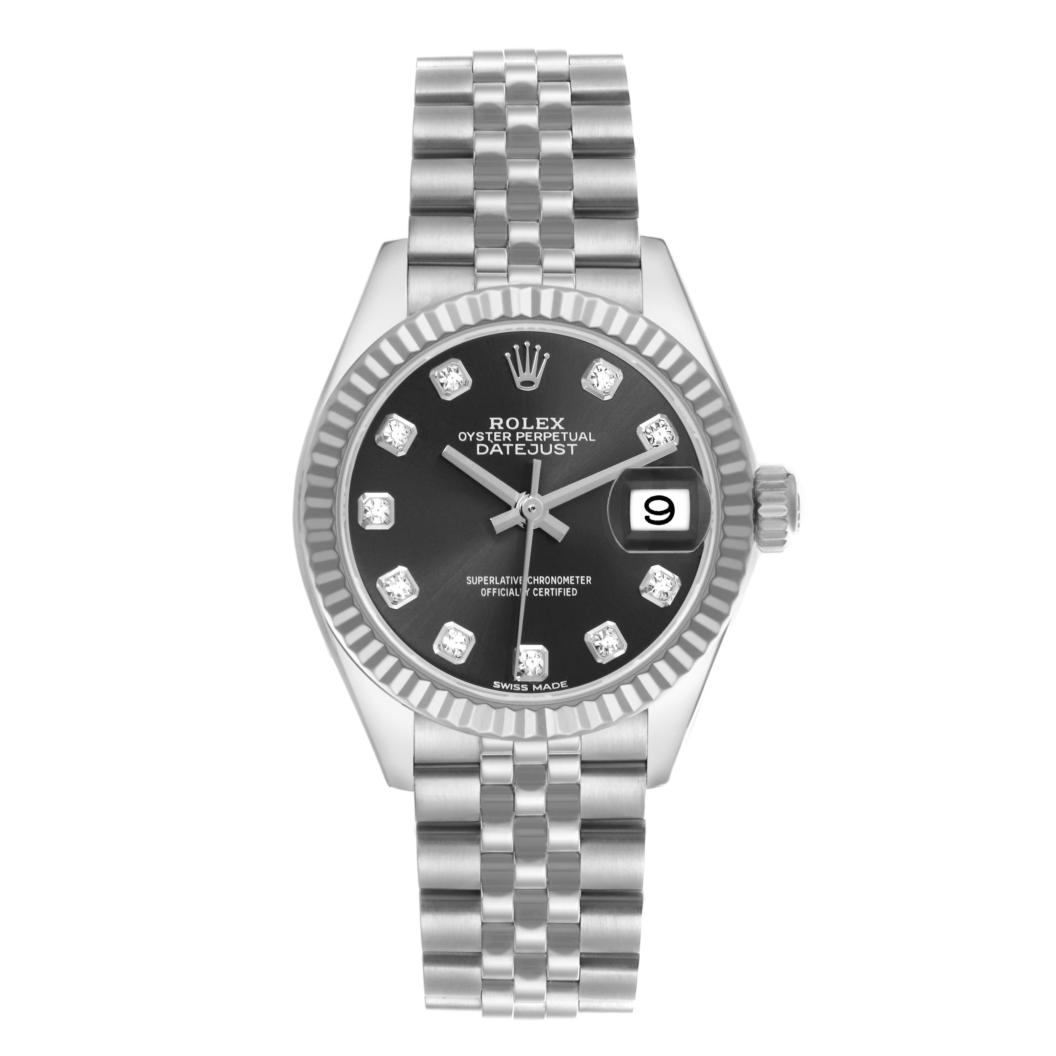 The Rolex Datejust 279174 Women's Stainless Steel Grey Dial 279174 Women's Stainless Steel Grey Dial watch is shown from the front, highlighting the dial, hands, bezel, date window, and bracelet.