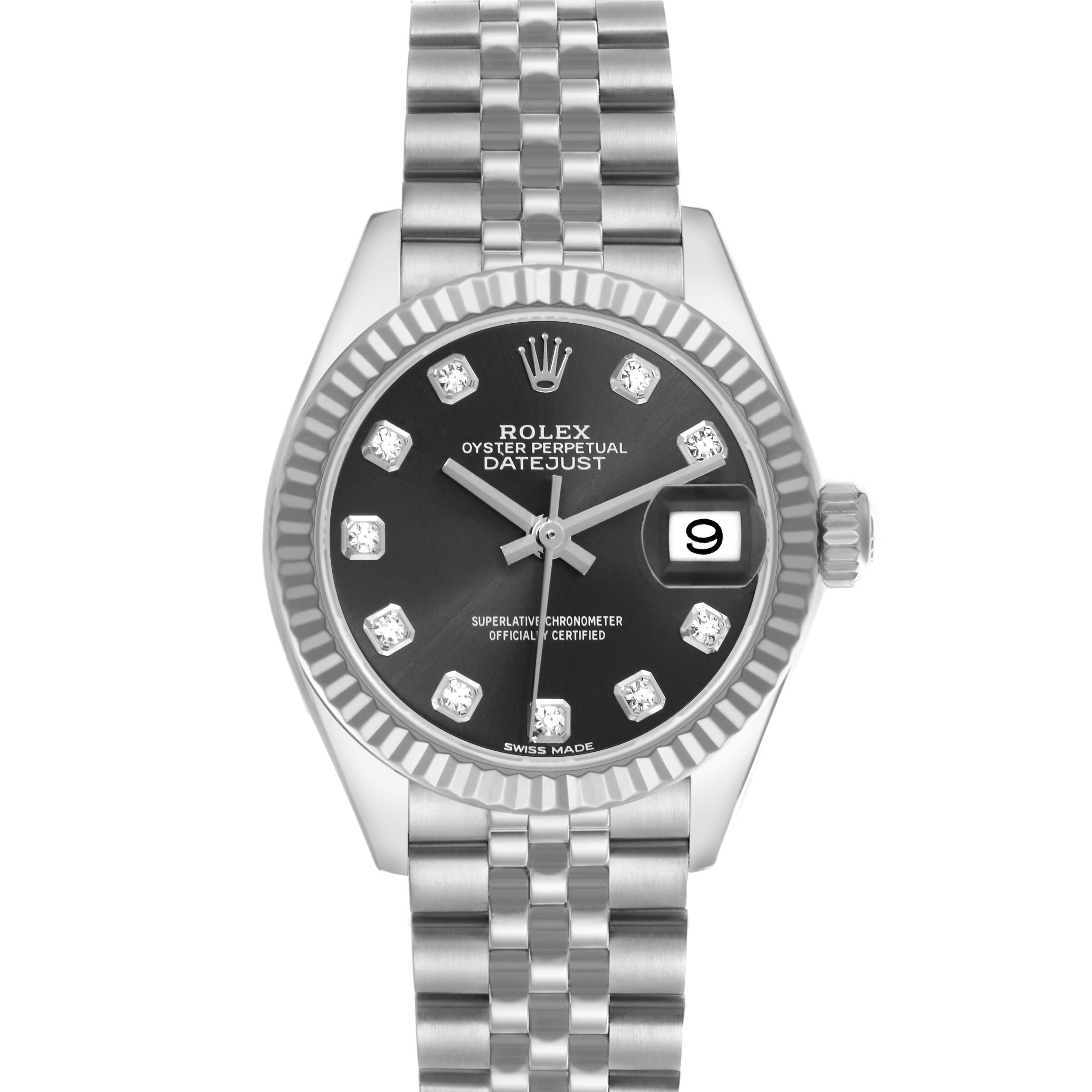 The Rolex Datejust 279174 Women's Stainless Steel Grey Dial 279174 Women's Stainless Steel Grey Dial is shown from a front angle, highlighting the dial, bezel, bracelet, and date window.