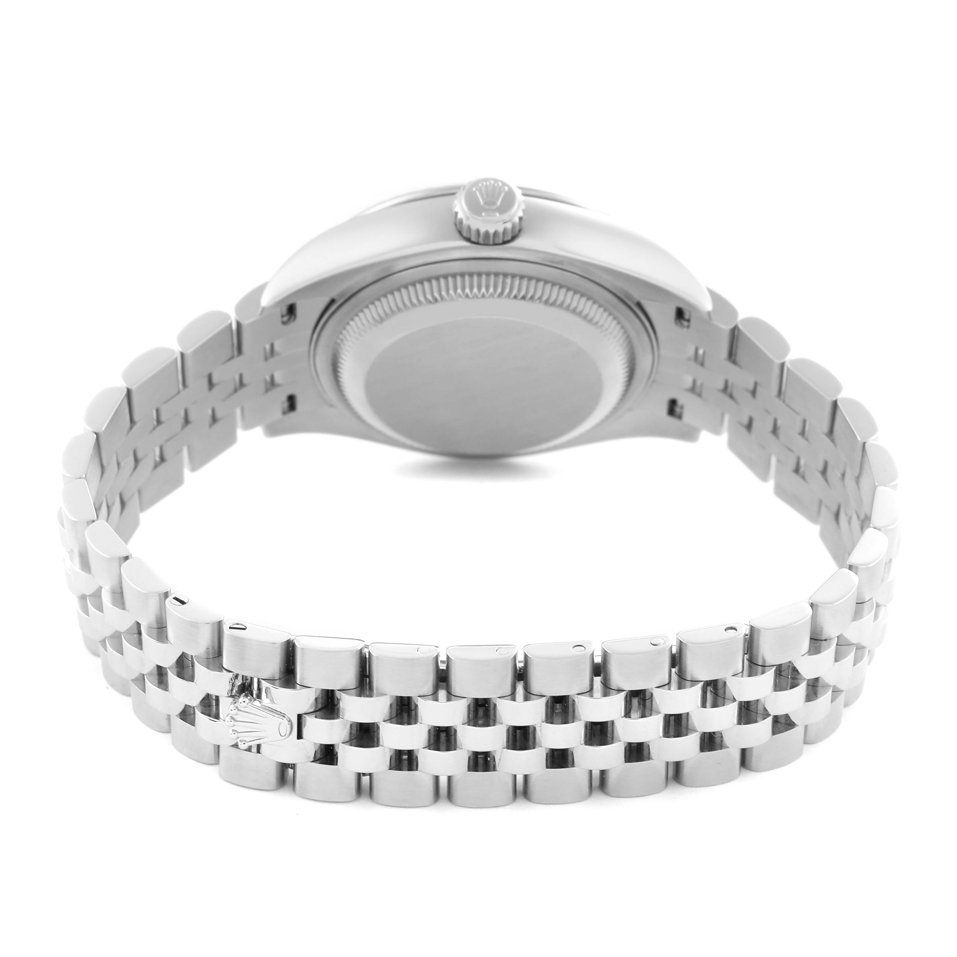 The image shows the back of a Rolex Datejust 279174 Women's Stainless Steel Grey Dial 279174 Women's Stainless Steel Grey Dial watch, highlighting the case back and the metal bracelet.