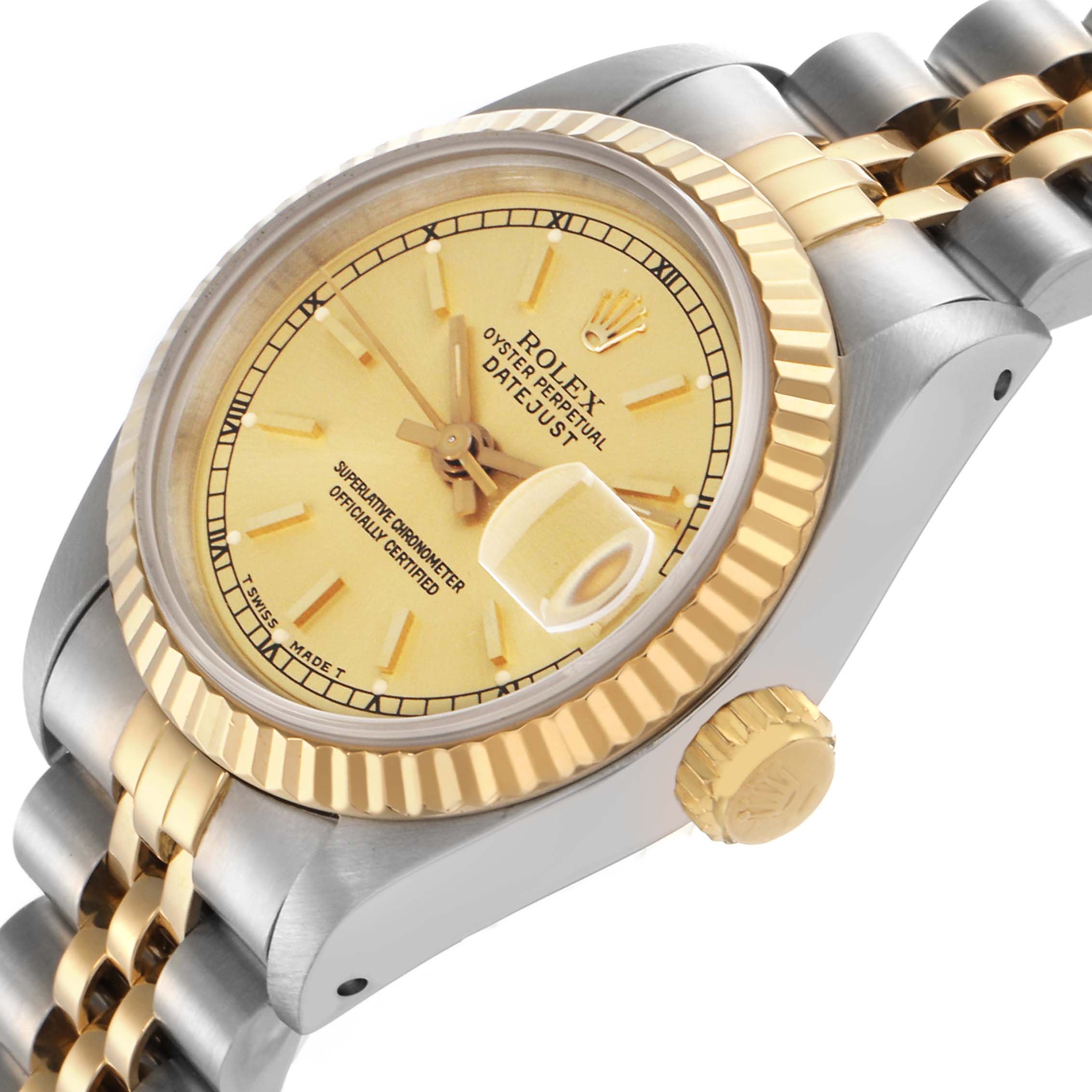 The Rolex Datejust 69173 Women
s Steel and Gold (two tone) Champagne Dial 69173 Women
s Steel and Gold (two tone) Champagne Dial watch is shown from an angled side view, highlighting the gold bezel, dial, crown, and two-tone bracelet.
