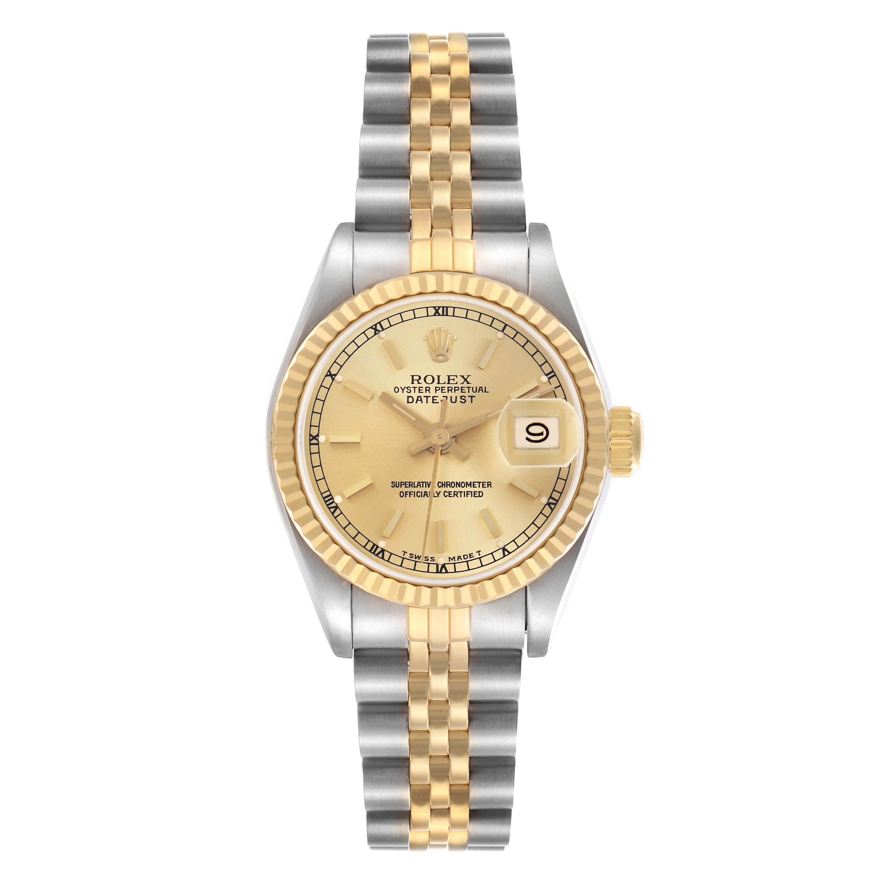 The Rolex Datejust 69173 Women
s Steel and Gold (two tone) Champagne Dial 69173 Women
s Steel and Gold (two tone) Champagne Dial watch is shown from a front angle featuring its dial, bezel, case, and bracelet.