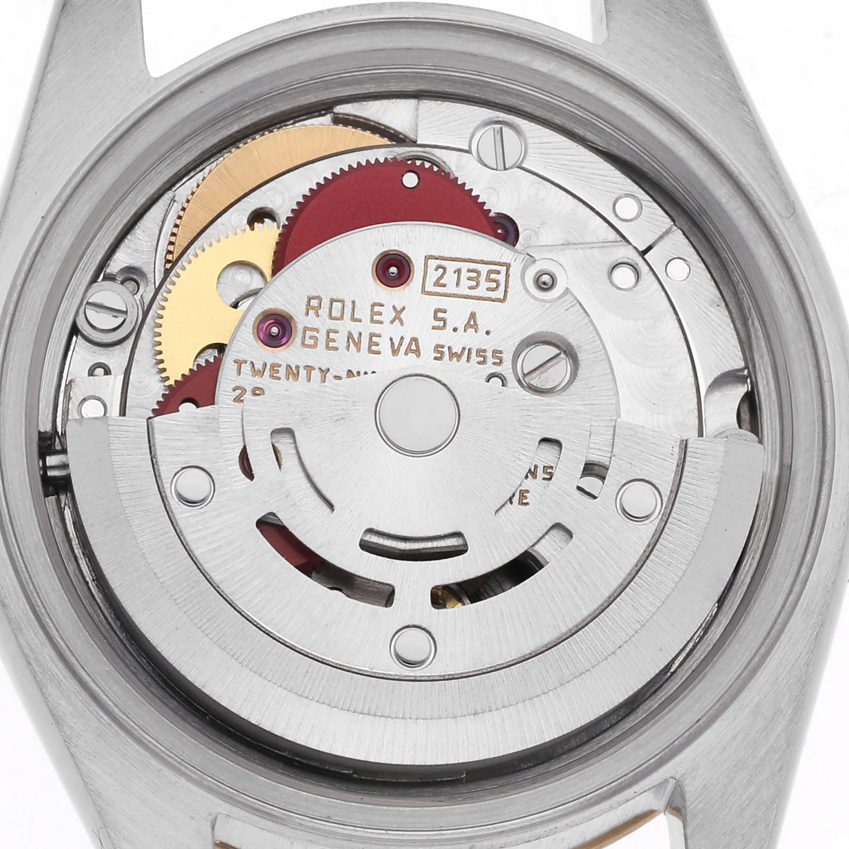 The image shows the back view of a Rolex Datejust 69173 Women
s Steel and Gold (two tone) Champagne Dial 69173 Women
s Steel and Gold (two tone) Champagne Dial, highlighting its intricate movement and mechanics.