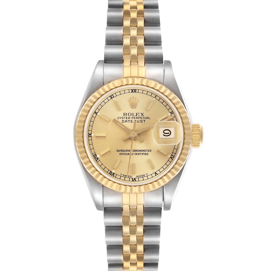 The Rolex Datejust watch is shown from a top-down angle, displaying the dial, bezel, and bracelet.