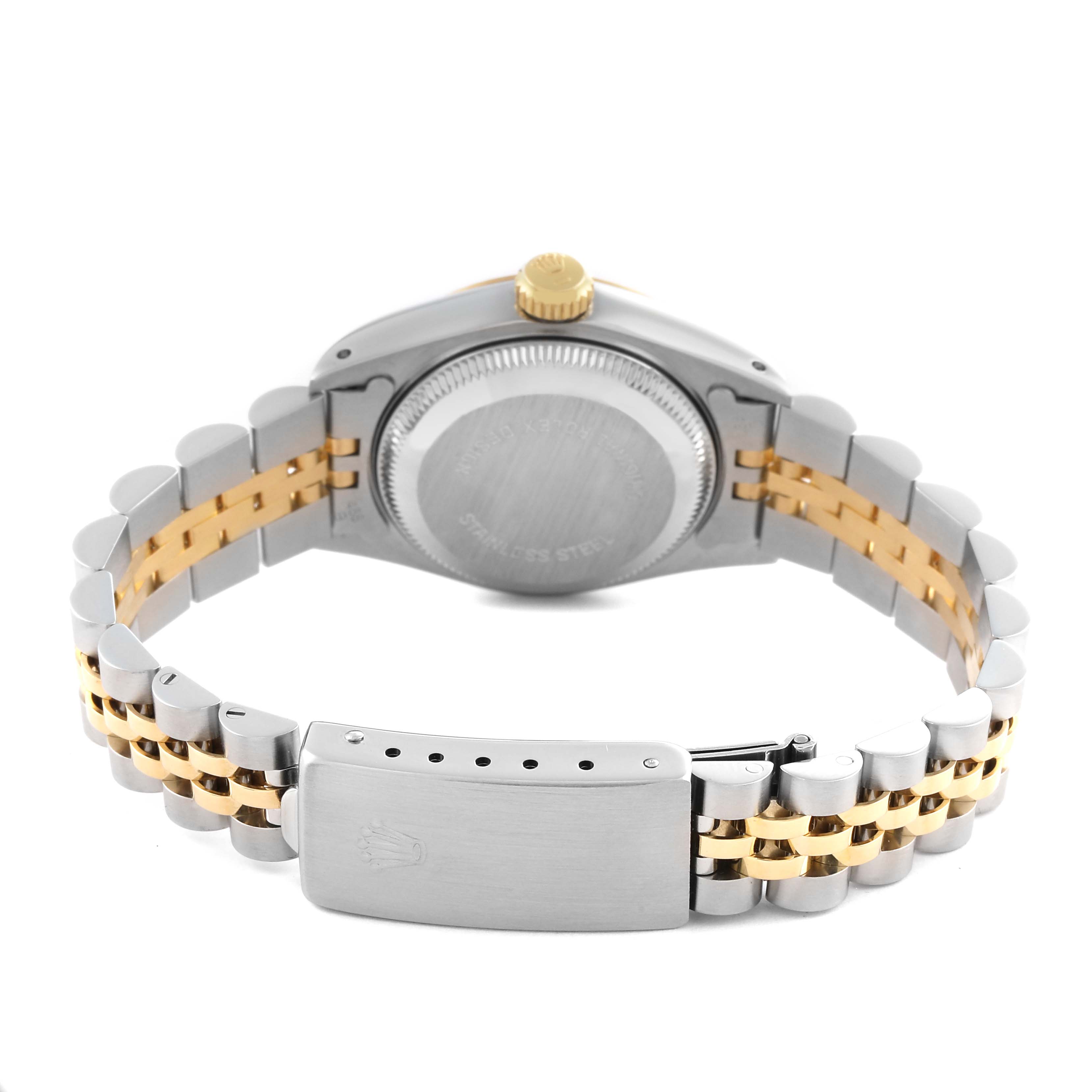 This image shows the case back, crown, and bracelet clasp of the Rolex Datejust 69173 Women
s Steel and Gold (two tone) Champagne Dial 69173 Women
s Steel and Gold (two tone) Champagne Dial watch, viewed from the rear.