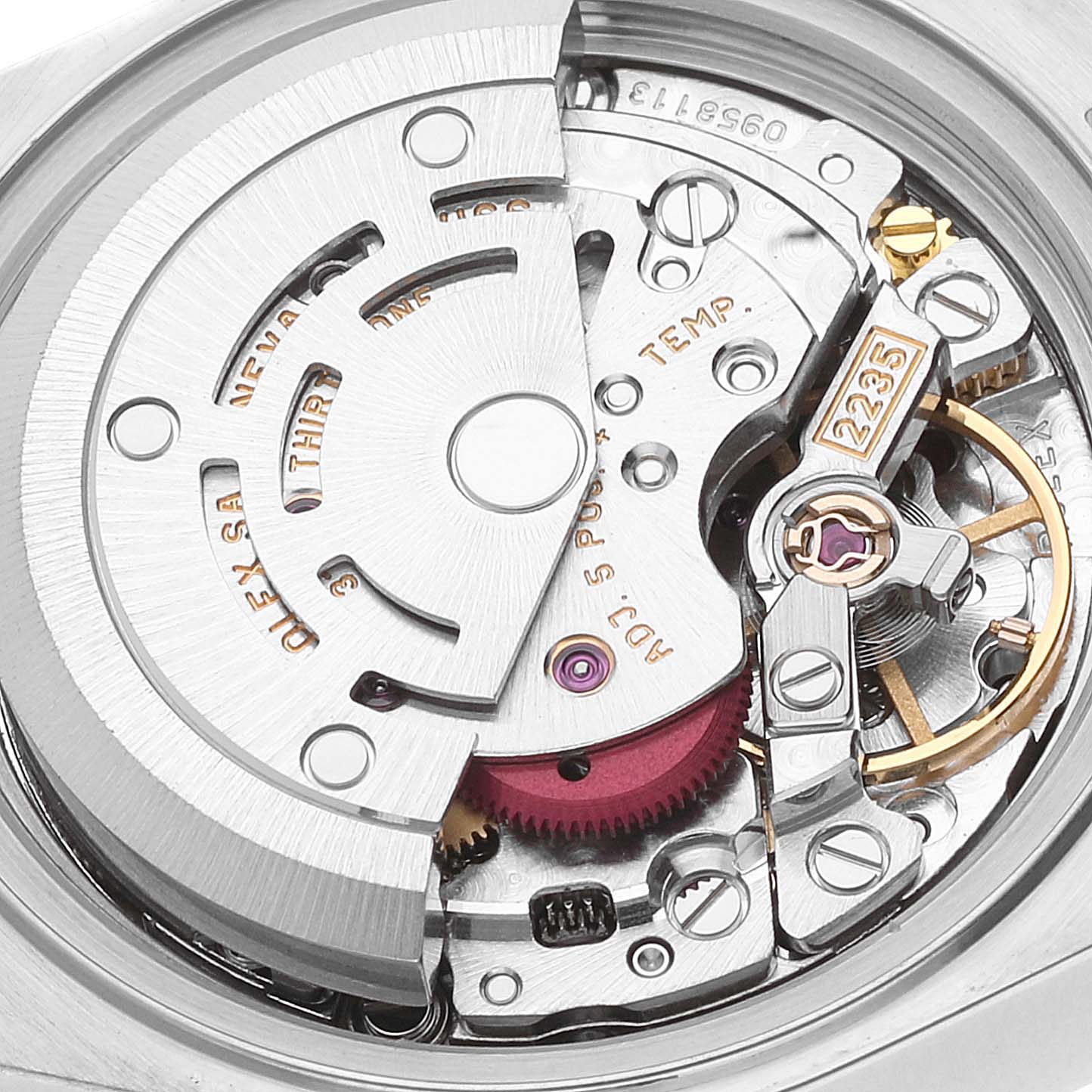A close-up view of the Rolex Datejust 79173 Women's Steel and Gold (two tone) Champagne Dial 79173 Women's Steel and Gold (two tone) Champagne Dial model's movement, showcasing its intricate internal mechanism.