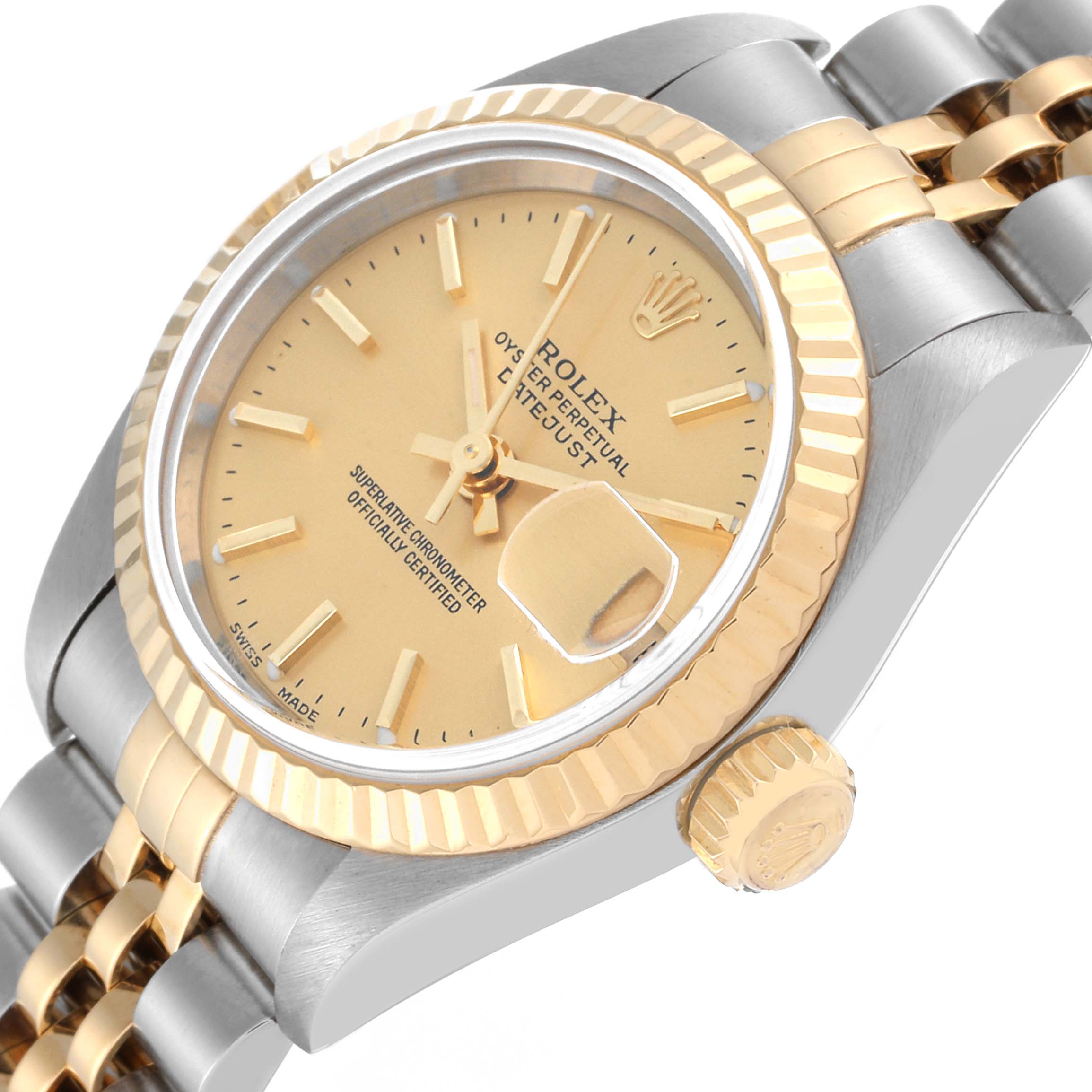 The image shows a Rolex Datejust 79173 Women's Steel and Gold (two tone) Champagne Dial 79173 Women's Steel and Gold (two tone) Champagne Dial watch from a 3/4 angle focused on the dial, bezel, crown, and part of the bracelet.